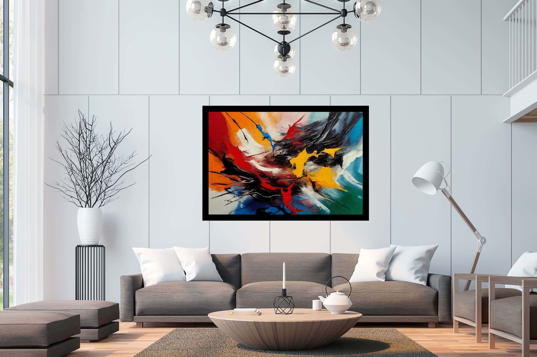 Chromatic symphony: Vibrant art with vibrant abstract art, in a room with chic decor, mural artworks, and designer furniture. The art can be printed on poster, framed poster, canvas, metal, acrylic or wood, exclusively at WallArtZen. Find this exact print at https://wallartzen.com/waz34