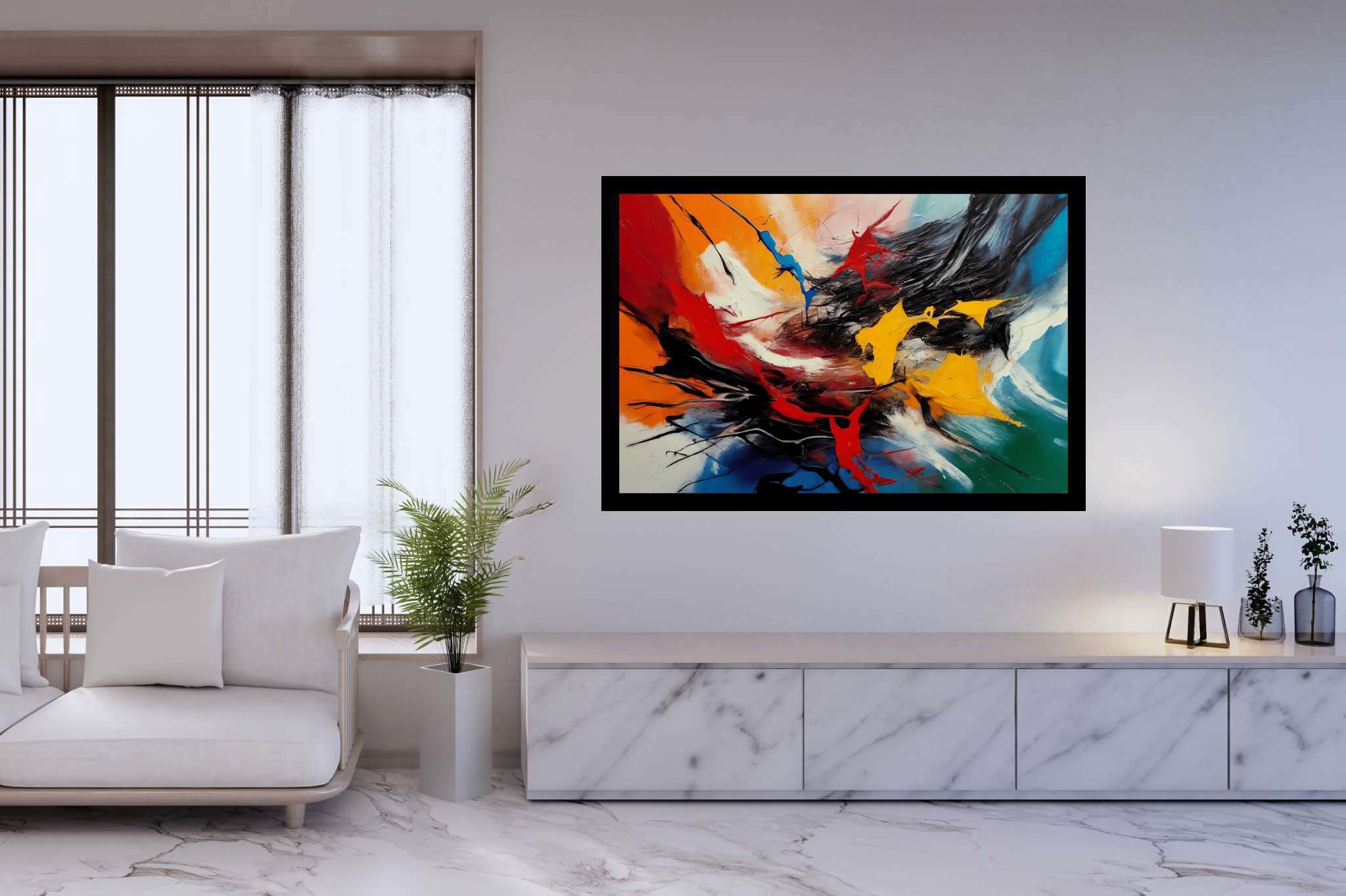 Chromatic symphony: Vibrant art with lively, in a room with elegant layout, canvas prints, and decorative pieces. The art can be printed on poster, framed poster, canvas, metal, acrylic or wood, exclusively at WallArtZen. Find this exact print at https://wallartzen.com/waz34