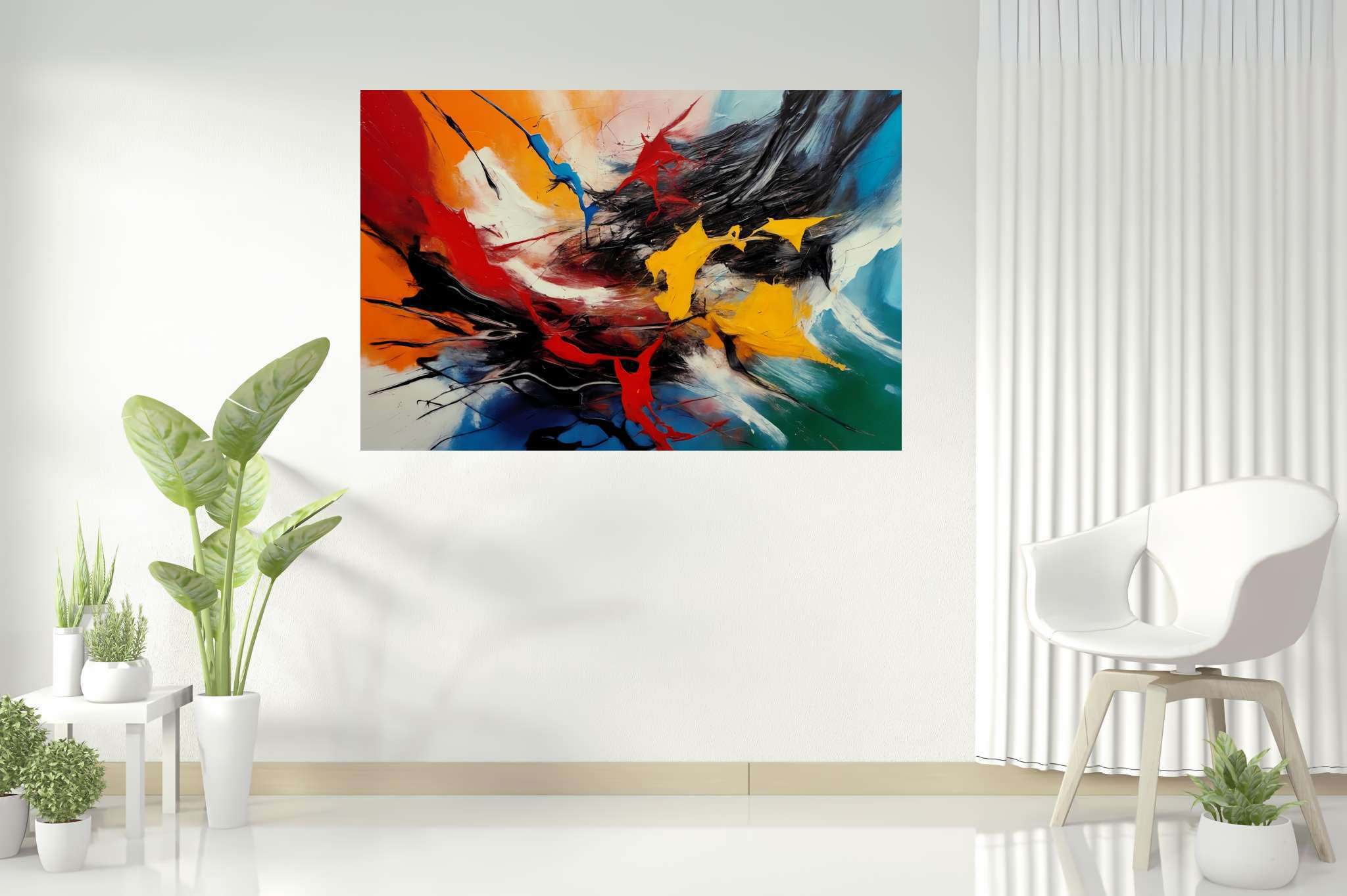 Chromatic symphony: Vibrant art with vibrant abstract art, in a room with urban design, canvas prints, and decorative pieces. The art can be printed on poster, framed poster, canvas, metal, acrylic or wood, exclusively at WallArtZen. Find this exact print at https://wallartzen.com/waz34