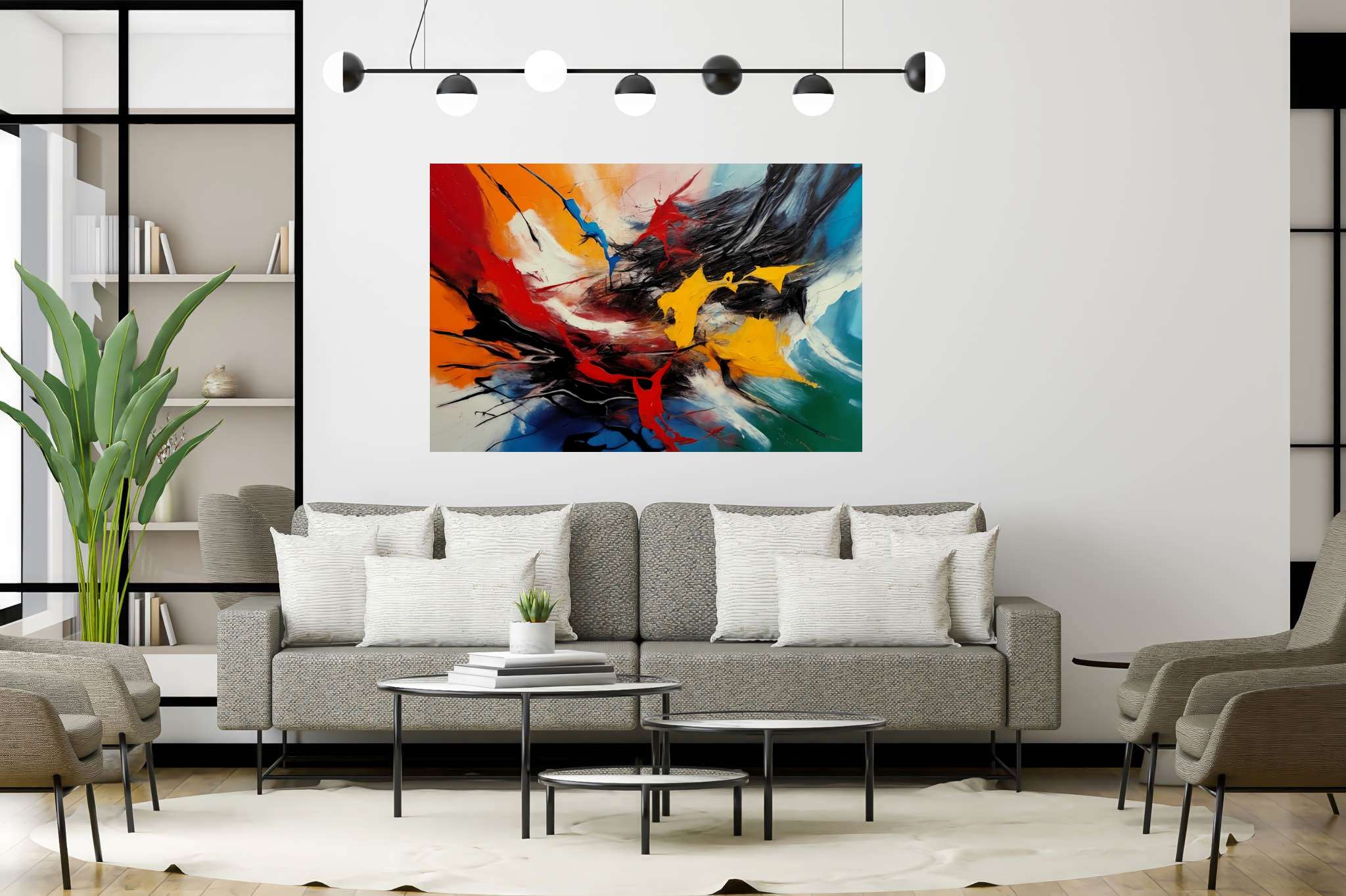 Chromatic symphony: Vibrant art with vibrant colors, in a room with chic decor, fine art prints, and elegant home goods. The art can be printed on poster, framed poster, canvas, metal, acrylic or wood, exclusively at WallArtZen. Find this exact print at https://wallartzen.com/waz34