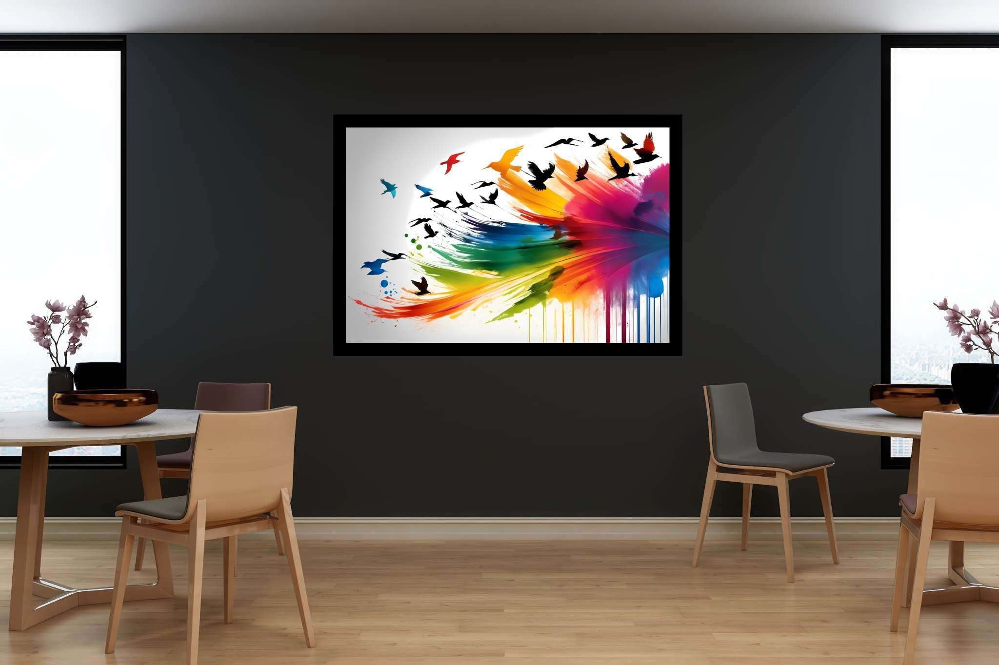 Skies of untamed hues: Birds art with birds art, in a room with great design, abstract paintings, and decorative pieces. The art can be printed on poster, framed poster, canvas, metal, acrylic or wood, exclusively at WallArtZen. Find this exact print at https://wallartzen.com/waz35
