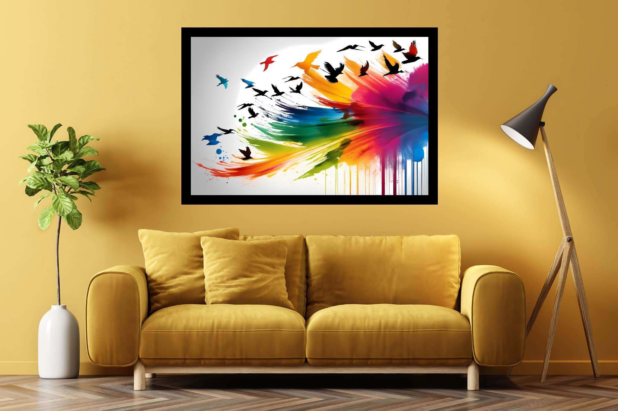 Skies of untamed hues: Birds art with feathered creations, in a room with innovative layout, gallery-quality artwork, and designer furniture. The art can be printed on poster, framed poster, canvas, metal, acrylic or wood, exclusively at WallArtZen. Find this exact print at https://wallartzen.com/waz35