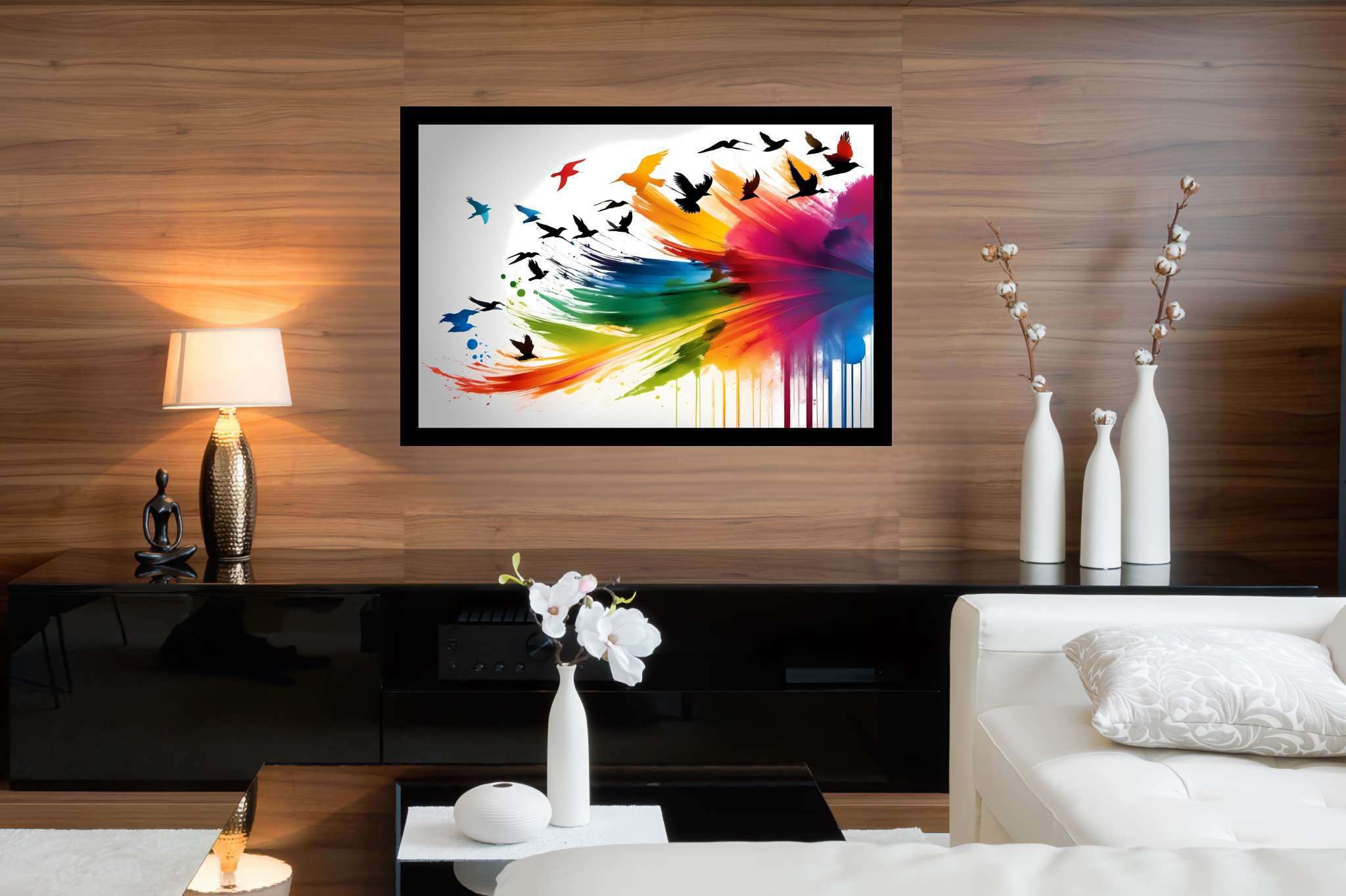 Skies of untamed hues: Birds art with flight of artistic imagination, in a room with great design, wall hangings, and home furnishings. The art can be printed on poster, framed poster, canvas, metal, acrylic or wood, exclusively at WallArtZen. Find this exact print at https://wallartzen.com/waz35