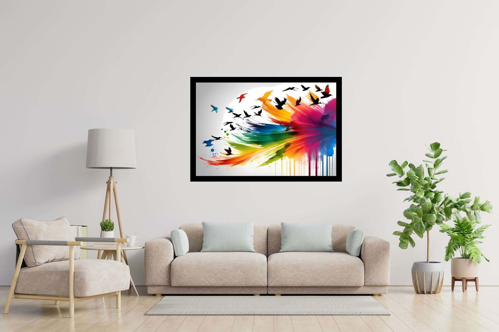 Skies of untamed hues: Birds art with avian artwork, in a room with artistic style, gallery-quality artwork, and interior decorations. The art can be printed on poster, framed poster, canvas, metal, acrylic or wood, exclusively at WallArtZen. Find this exact print at https://wallartzen.com/waz35