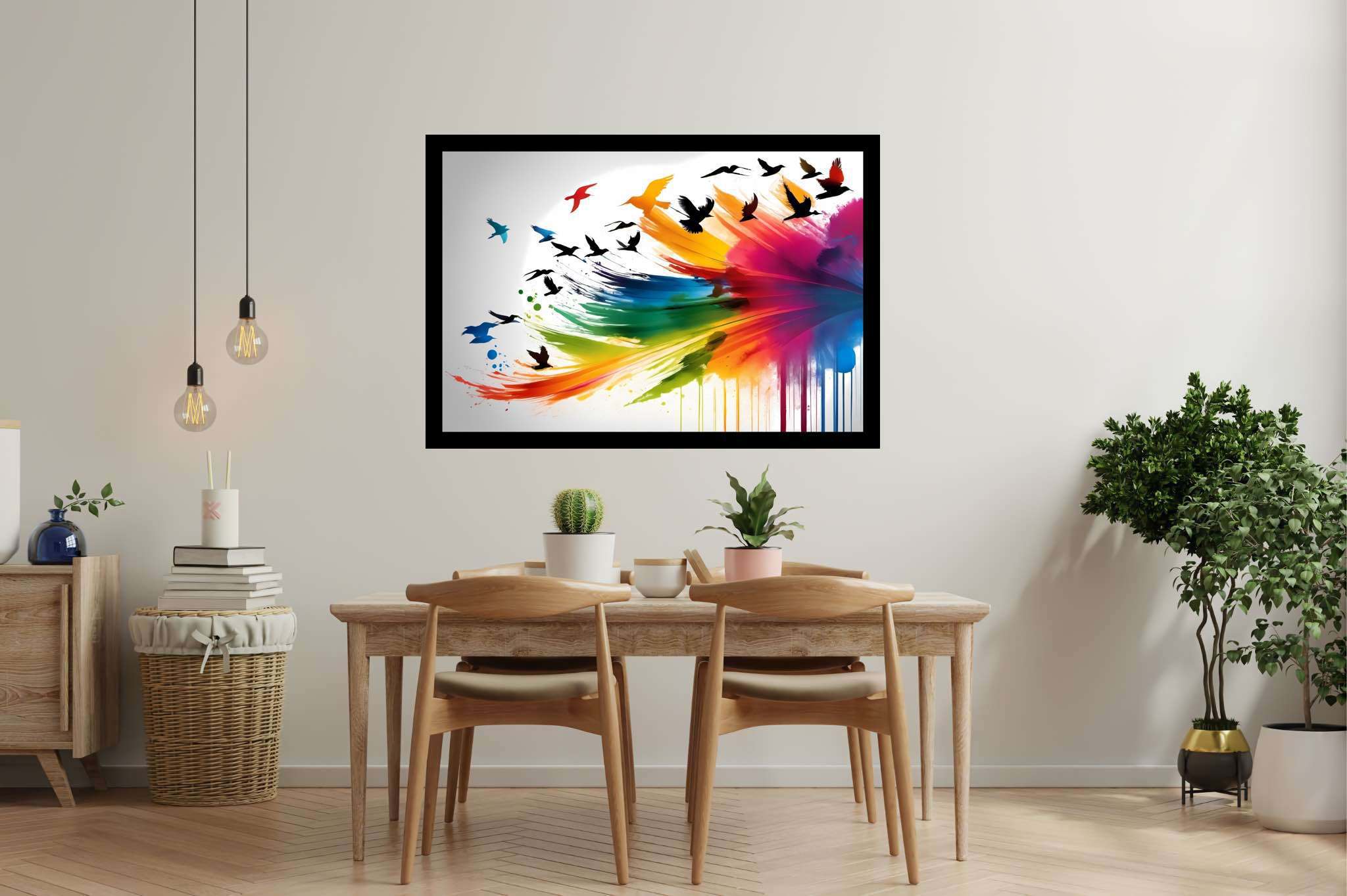 Skies of untamed hues: Birds art with bird-themed drawings, in a room with innovative layout, wall art, and decorative pieces. The art can be printed on poster, framed poster, canvas, metal, acrylic or wood, exclusively at WallArtZen. Find this exact print at https://wallartzen.com/waz35