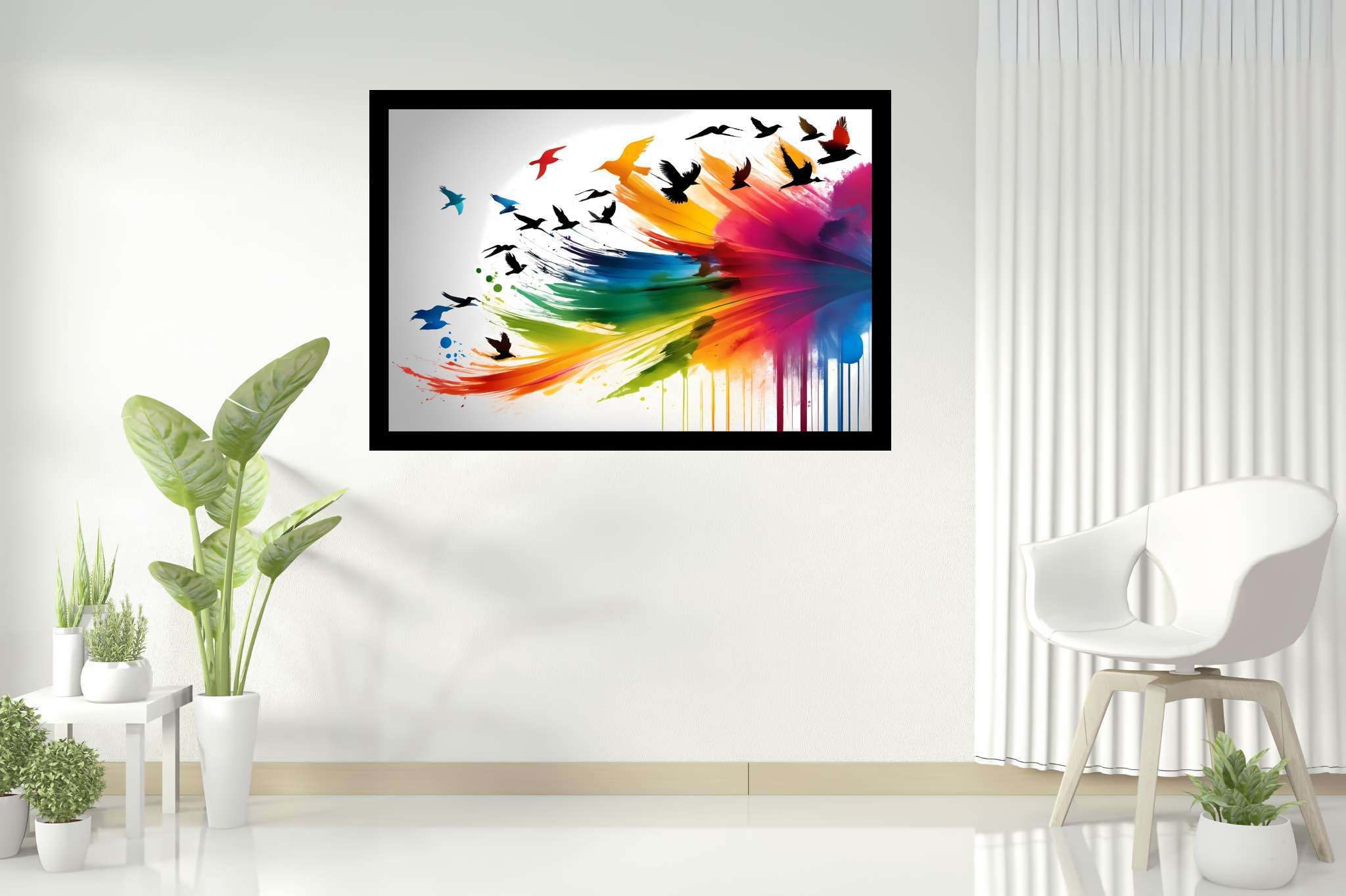 Skies of untamed hues: Birds art with winged masterpieces, in a room with artistic style, gallery-quality artwork, and designer furniture. The art can be printed on poster, framed poster, canvas, metal, acrylic or wood, exclusively at WallArtZen. Find this exact print at https://wallartzen.com/waz35