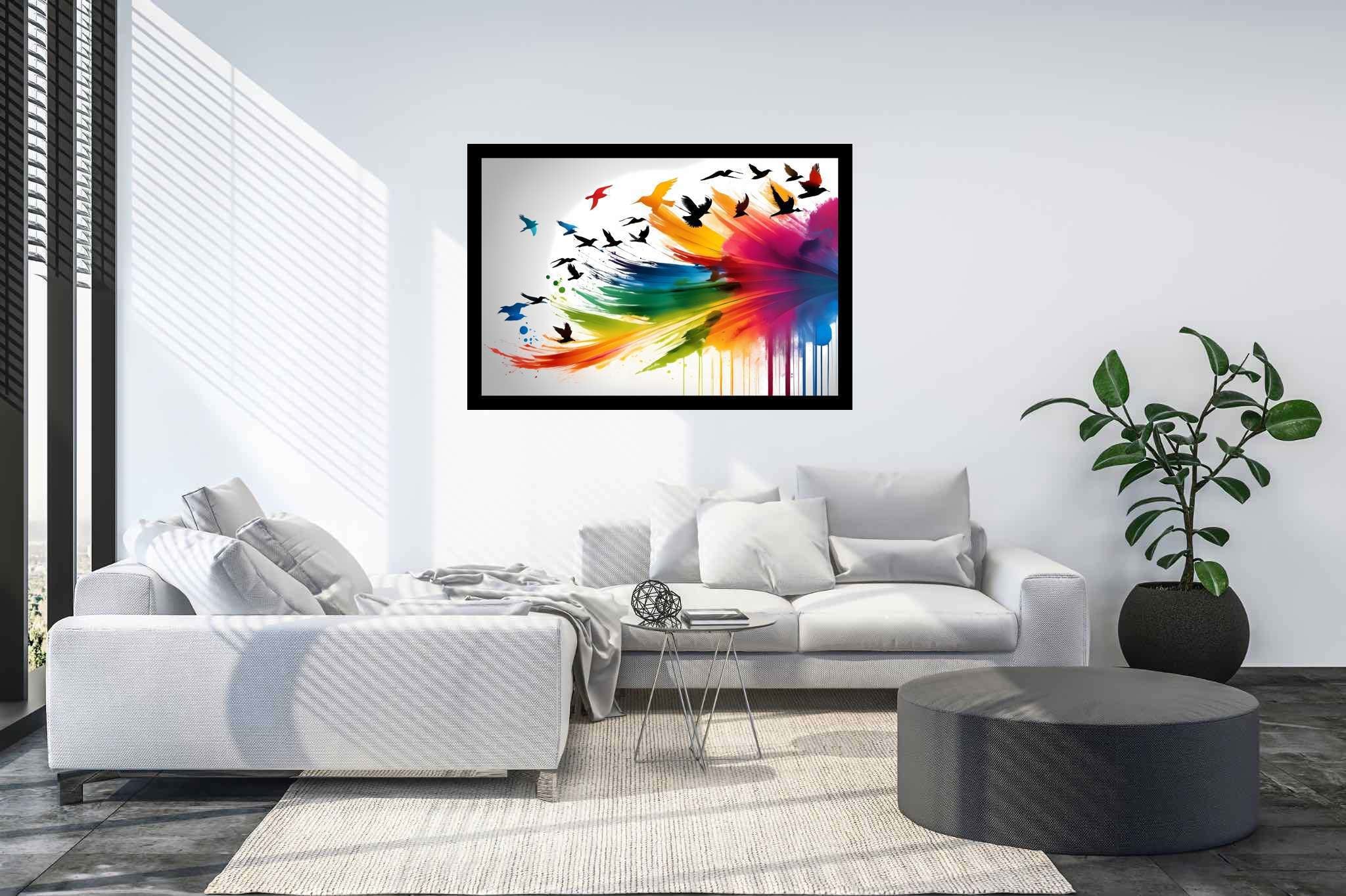 Skies of untamed hues: Birds art with bird-themed artistic expressions, in a room with artistic style, wall hangings, and decorative pieces. The art can be printed on poster, framed poster, canvas, metal, acrylic or wood, exclusively at WallArtZen. Find this exact print at https://wallartzen.com/waz35