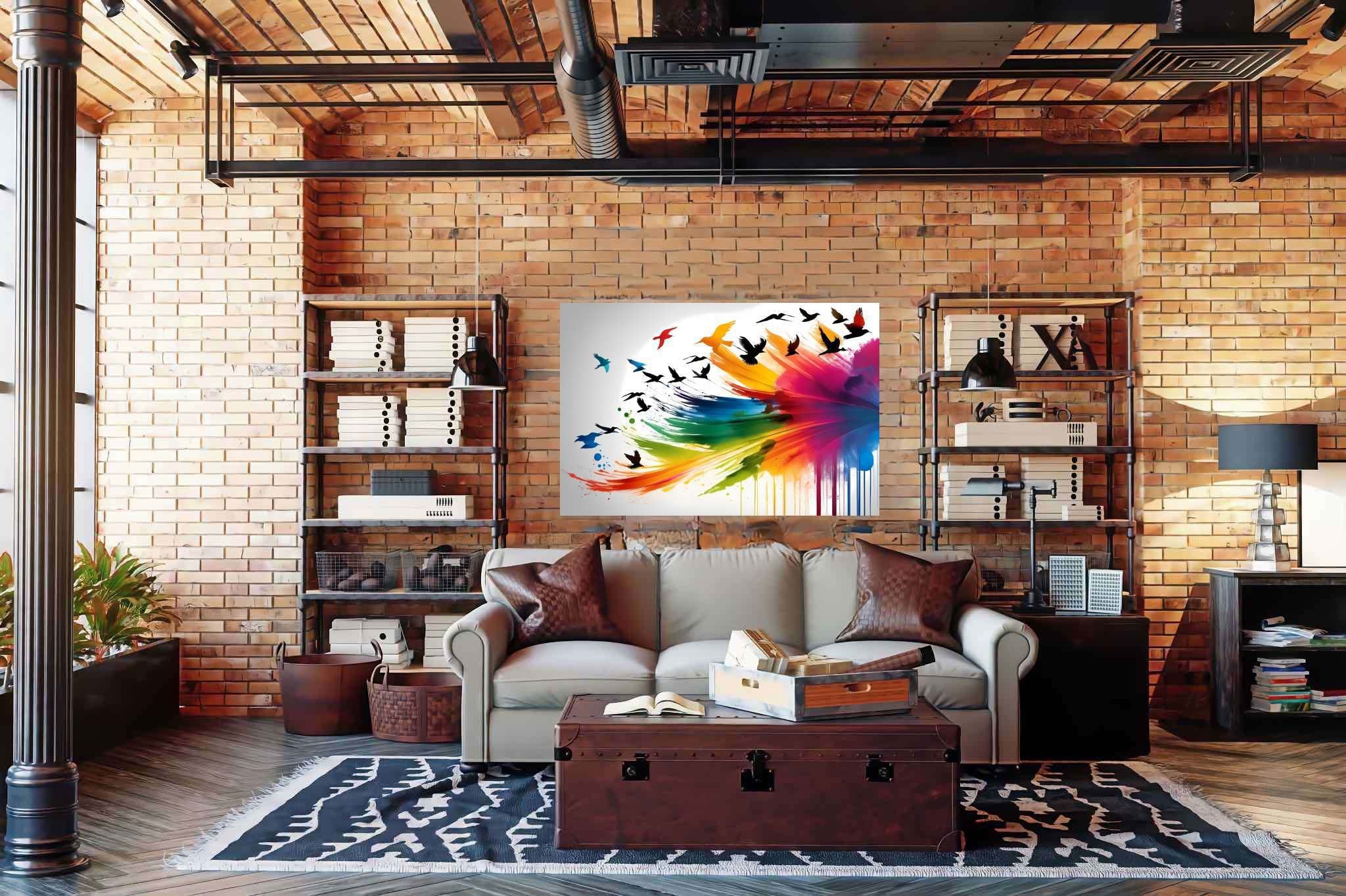 Skies of untamed hues: Birds art with ornithological illustrations, in a room with elegant layout, framed art, and artisan decor. The art can be printed on poster, framed poster, canvas, metal, acrylic or wood, exclusively at WallArtZen. Find this exact print at https://wallartzen.com/waz35