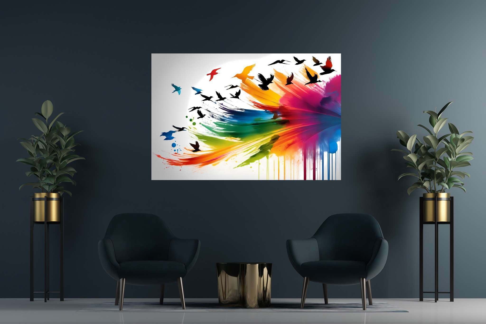 Skies of untamed hues: Birds art with avian artwork, in a room with classic elegance, wall art, and stylish accessories. The art can be printed on poster, framed poster, canvas, metal, acrylic or wood, exclusively at WallArtZen. Find this exact print at https://wallartzen.com/waz35