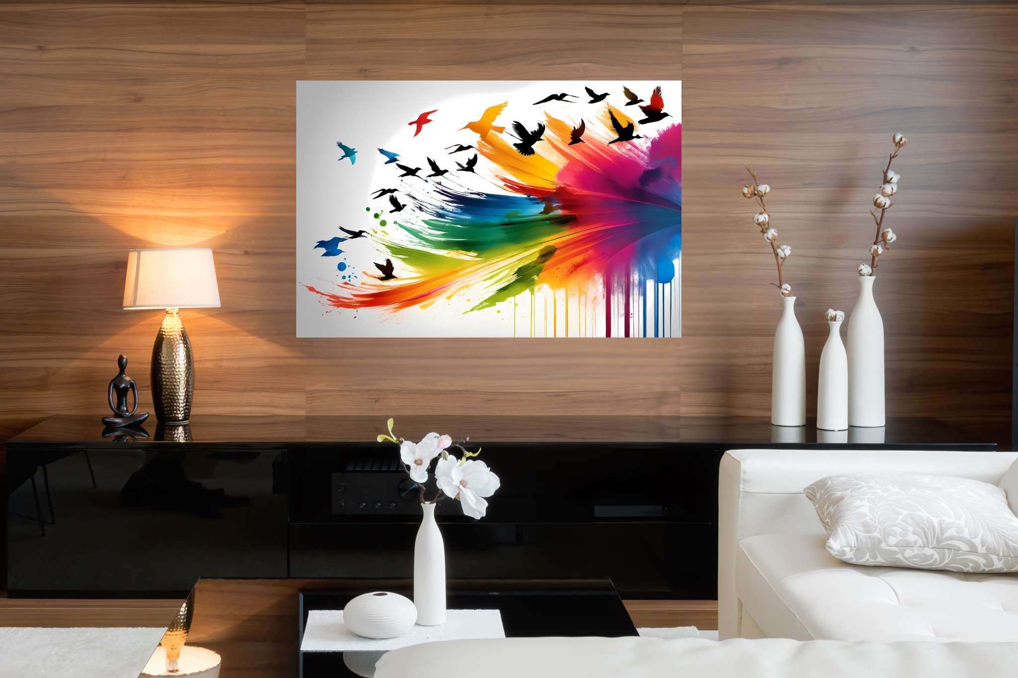 Skies of untamed hues: Birds art with flight of artistic imagination, in a room with chic decor, canvas prints, and elegant home goods. The art can be printed on poster, framed poster, canvas, metal, acrylic or wood, exclusively at WallArtZen. Find this exact print at https://wallartzen.com/waz35