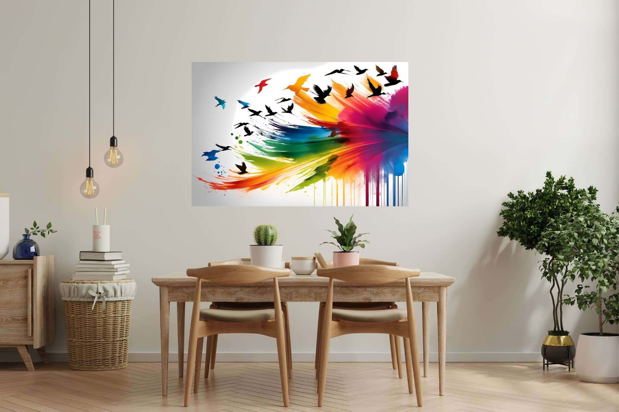 Skies of untamed hues: Birds art with bird watchers' delight, in a room with urban design, photographic wall art, and luxe decor. The art can be printed on poster, framed poster, canvas, metal, acrylic or wood, exclusively at WallArtZen. Find this exact print at https://wallartzen.com/waz35