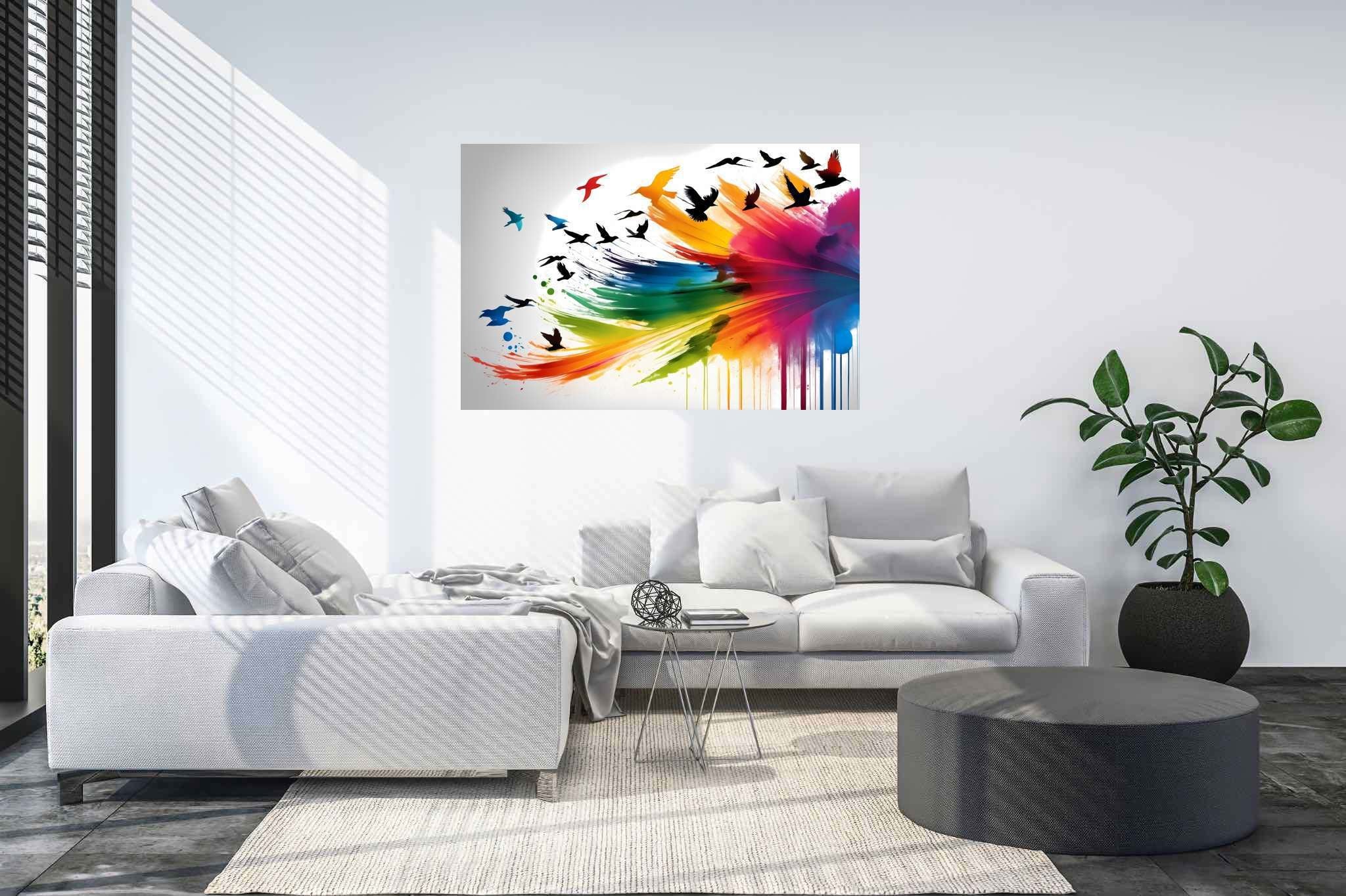 Skies of untamed hues: Birds art with birds art, in a room with minimalist approach, wall hangings, and interior decorations. The art can be printed on poster, framed poster, canvas, metal, acrylic or wood, exclusively at WallArtZen. Find this exact print at https://wallartzen.com/waz35