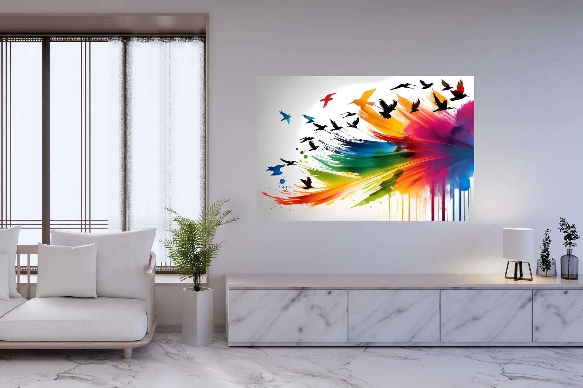 Skies of untamed hues: Birds art with bird-themed drawings, in a room with artistic style, digital art pieces, and luxe decor. The art can be printed on poster, framed poster, canvas, metal, acrylic or wood, exclusively at WallArtZen. Find this exact print at https://wallartzen.com/waz35