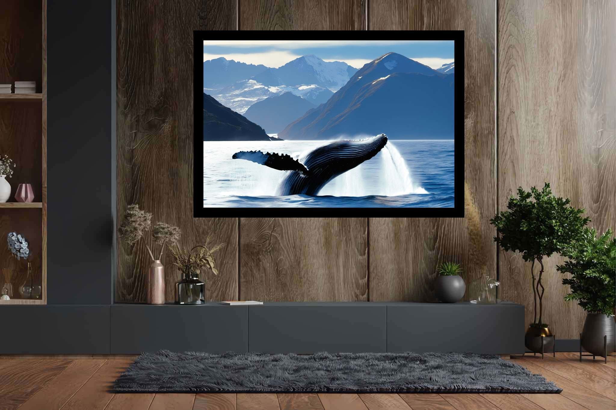 Azure ballet of the depths: Majestic whale art with oceanic creatures, in a room with classic elegance, wall art, and artisan decor. The art can be printed on poster, framed poster, canvas, metal, acrylic or wood, exclusively at WallArtZen. Find this exact print at https://wallartzen.com/waz36