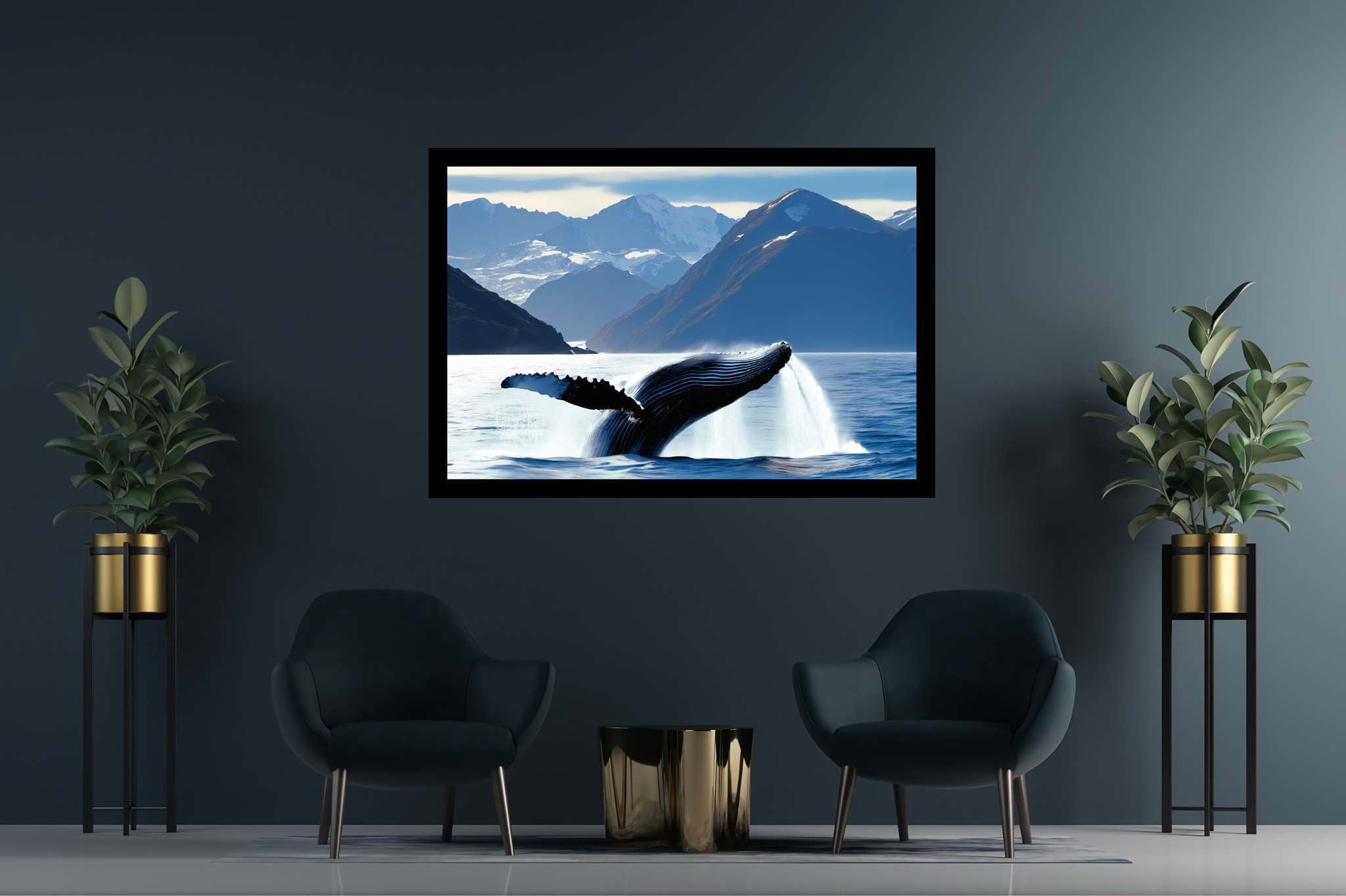 Azure ballet of the depths: Majestic whale art with oceanic creatures, in a room with chic decor, photographic wall art, and designer furniture. The art can be printed on poster, framed poster, canvas, metal, acrylic or wood, exclusively at WallArtZen. Find this exact print at https://wallartzen.com/waz36