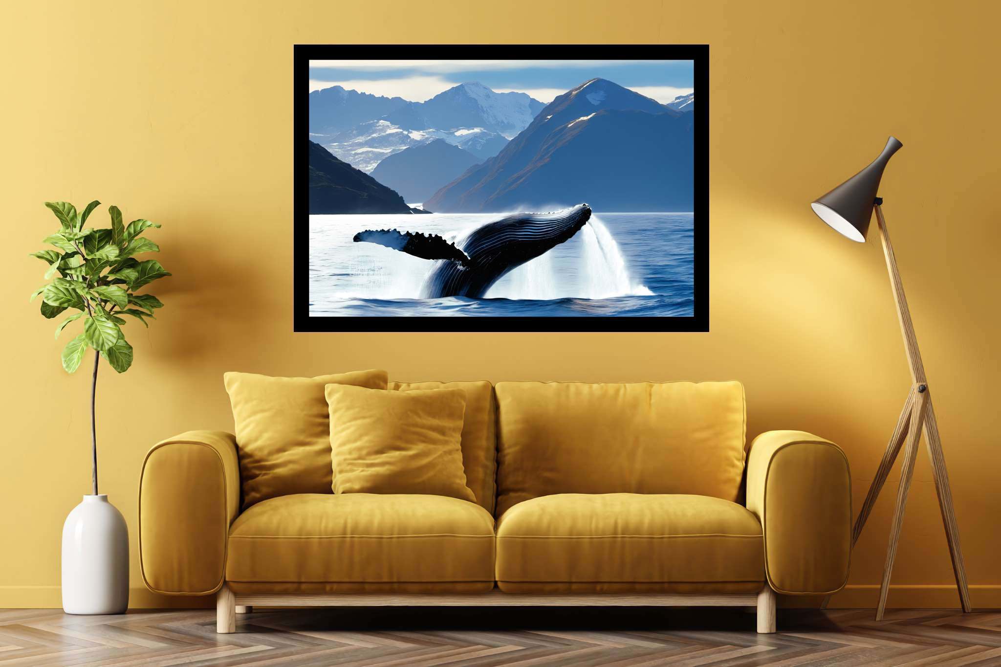 Azure ballet of the depths: Majestic whale art with oceanic creatures, in a room with contemporary flair, framed art, and home furnishings. The art can be printed on poster, framed poster, canvas, metal, acrylic or wood, exclusively at WallArtZen. Find this exact print at https://wallartzen.com/waz36