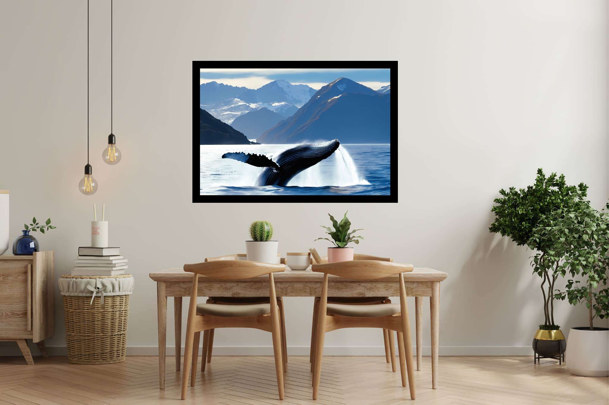 Azure ballet of the depths: Majestic whale art with enchanting whale sculptures, in a room with urban design, wall art, and designer furniture. The art can be printed on poster, framed poster, canvas, metal, acrylic or wood, exclusively at WallArtZen. Find this exact print at https://wallartzen.com/waz36