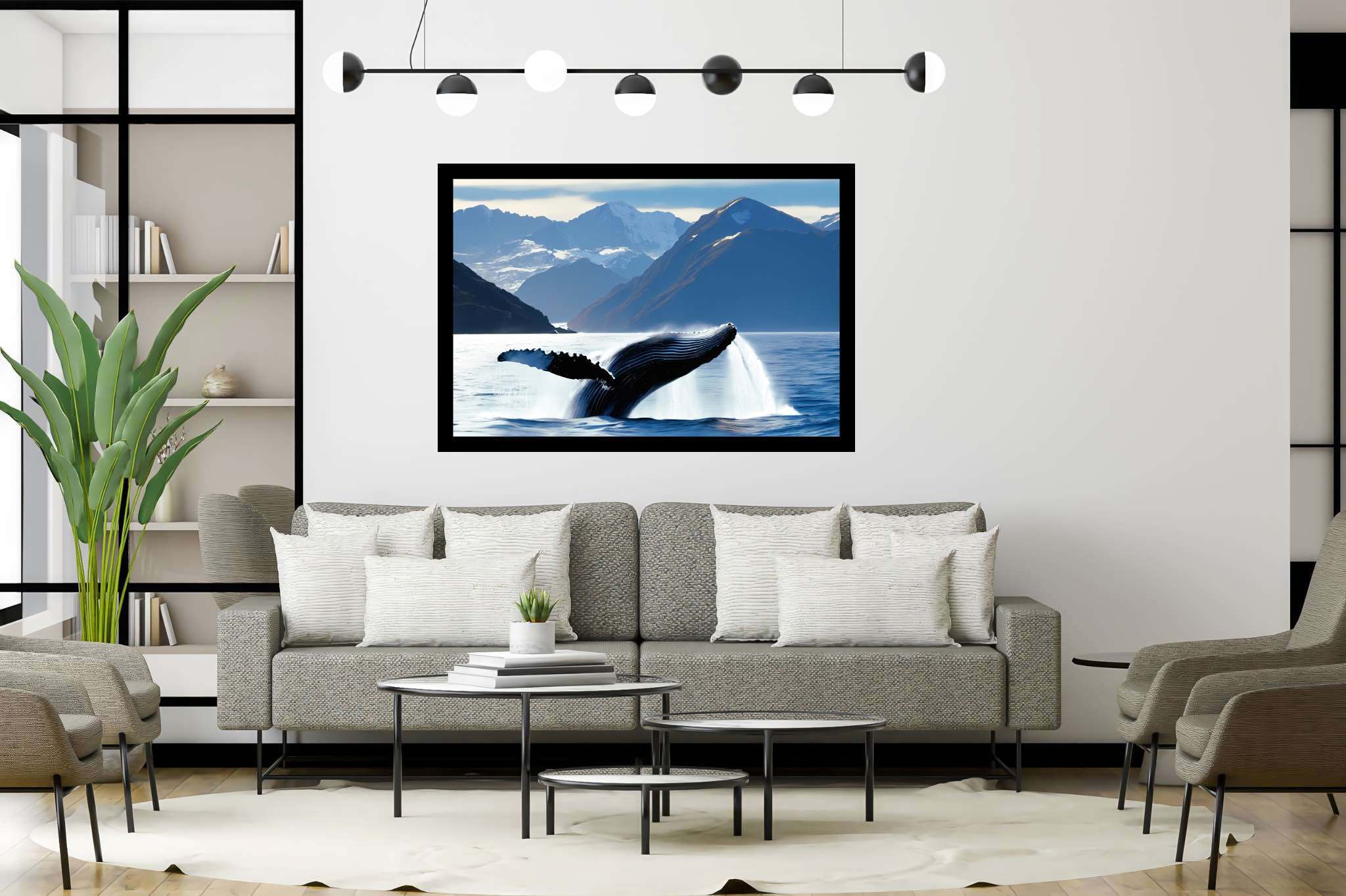 Azure ballet of the depths: Majestic whale art with majestic whale art, in a room with minimalist approach, bespoke art designs, and home furnishings. The art can be printed on poster, framed poster, canvas, metal, acrylic or wood, exclusively at WallArtZen. Find this exact print at https://wallartzen.com/waz36