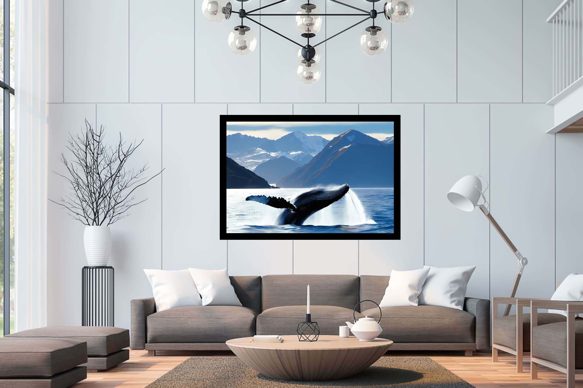 Azure ballet of the depths: Majestic whale art with awe-inspiring cetaceans, in a room with minimalist approach, digital art pieces, and luxe decor. The art can be printed on poster, framed poster, canvas, metal, acrylic or wood, exclusively at WallArtZen. Find this exact print at https://wallartzen.com/waz36