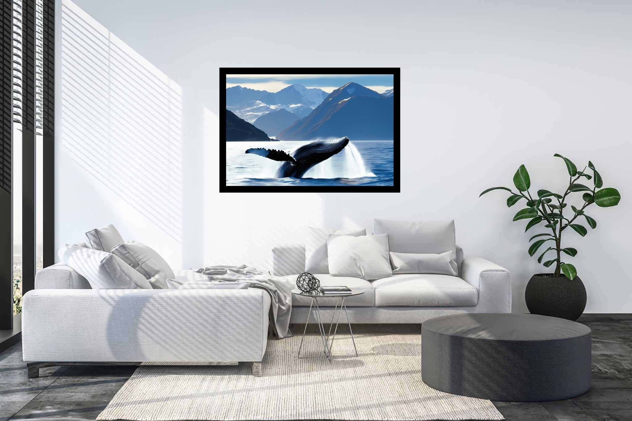 Azure ballet of the depths: Majestic whale art with captivating whale paintings, in a room with elegant layout, framed art, and designer furniture. The art can be printed on poster, framed poster, canvas, metal, acrylic or wood, exclusively at WallArtZen. Find this exact print at https://wallartzen.com/waz36
