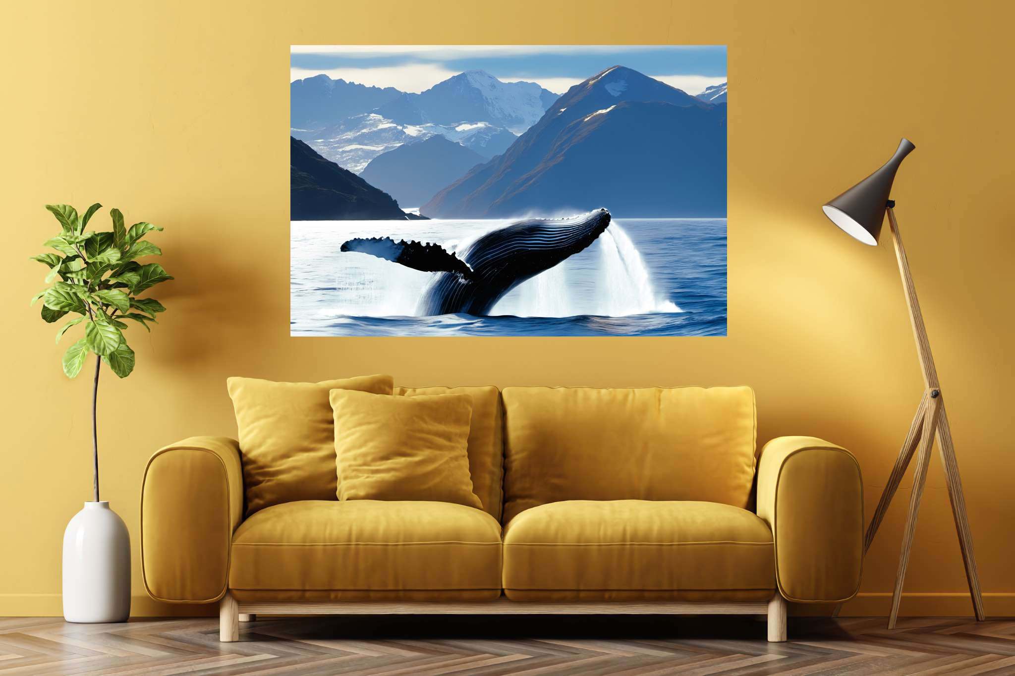 Azure ballet of the depths: Majestic whale art with artistic celebration of whales, in a room with elegant layout, framed art, and designer furniture. The art can be printed on poster, framed poster, canvas, metal, acrylic or wood, exclusively at WallArtZen. Find this exact print at https://wallartzen.com/waz36
