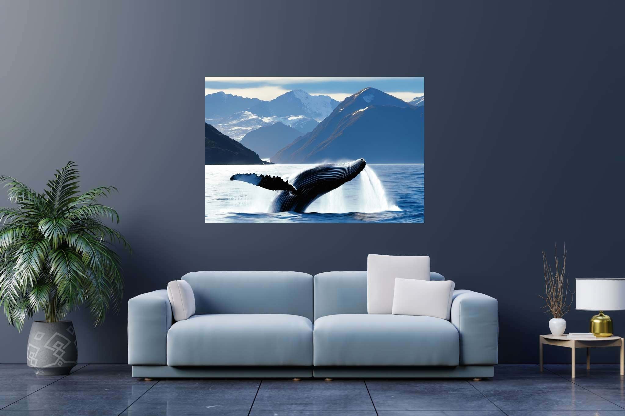 Azure ballet of the depths: Majestic whale art with majestic marine art, in a room with urban design, digital art pieces, and designer furniture. The art can be printed on poster, framed poster, canvas, metal, acrylic or wood, exclusively at WallArtZen. Find this exact print at https://wallartzen.com/waz36