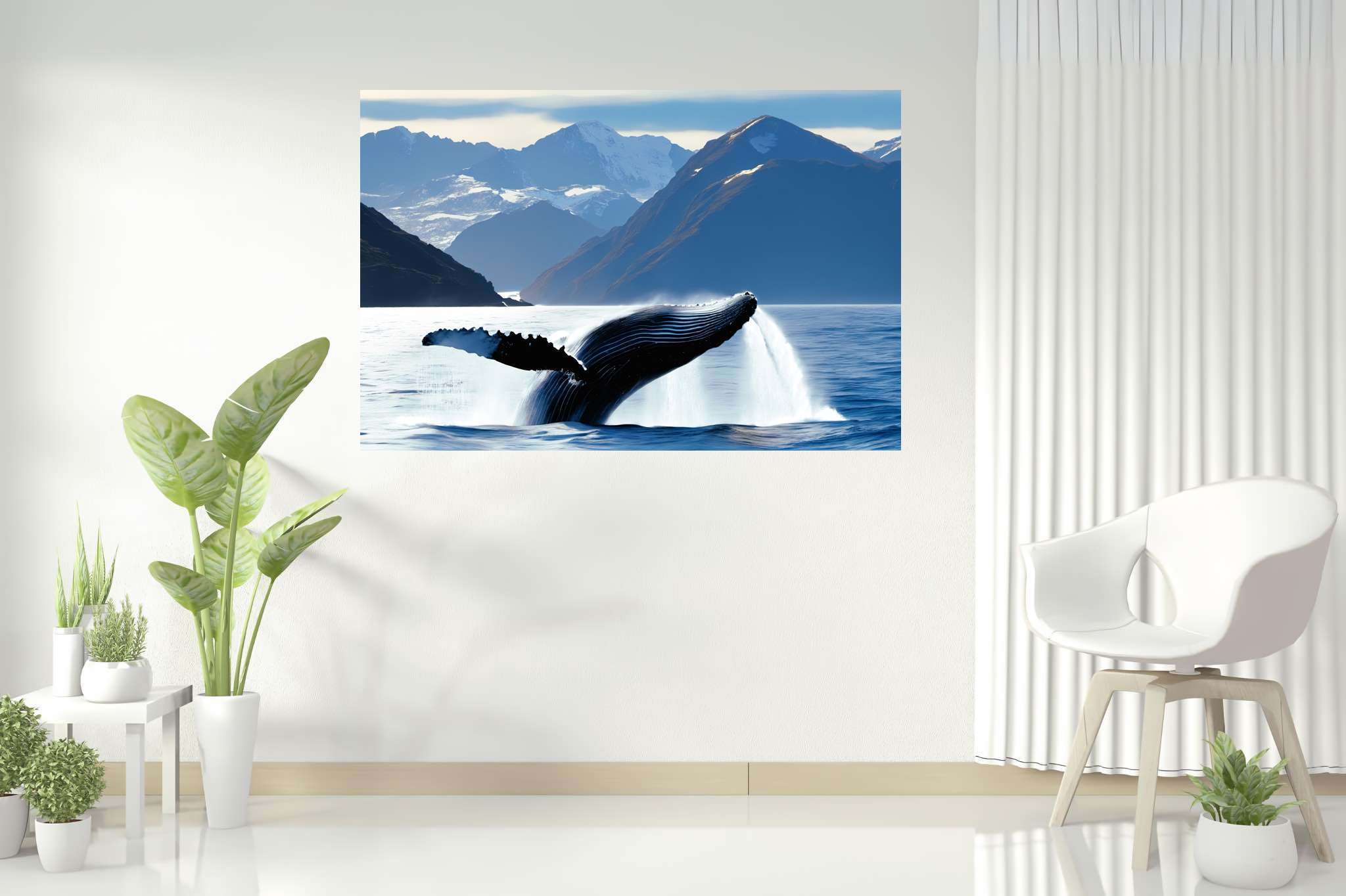 Azure ballet of the depths: Majestic whale art with majestic whale art, in a room with great design, wall hangings, and interior decorations. The art can be printed on poster, framed poster, canvas, metal, acrylic or wood, exclusively at WallArtZen. Find this exact print at https://wallartzen.com/waz36