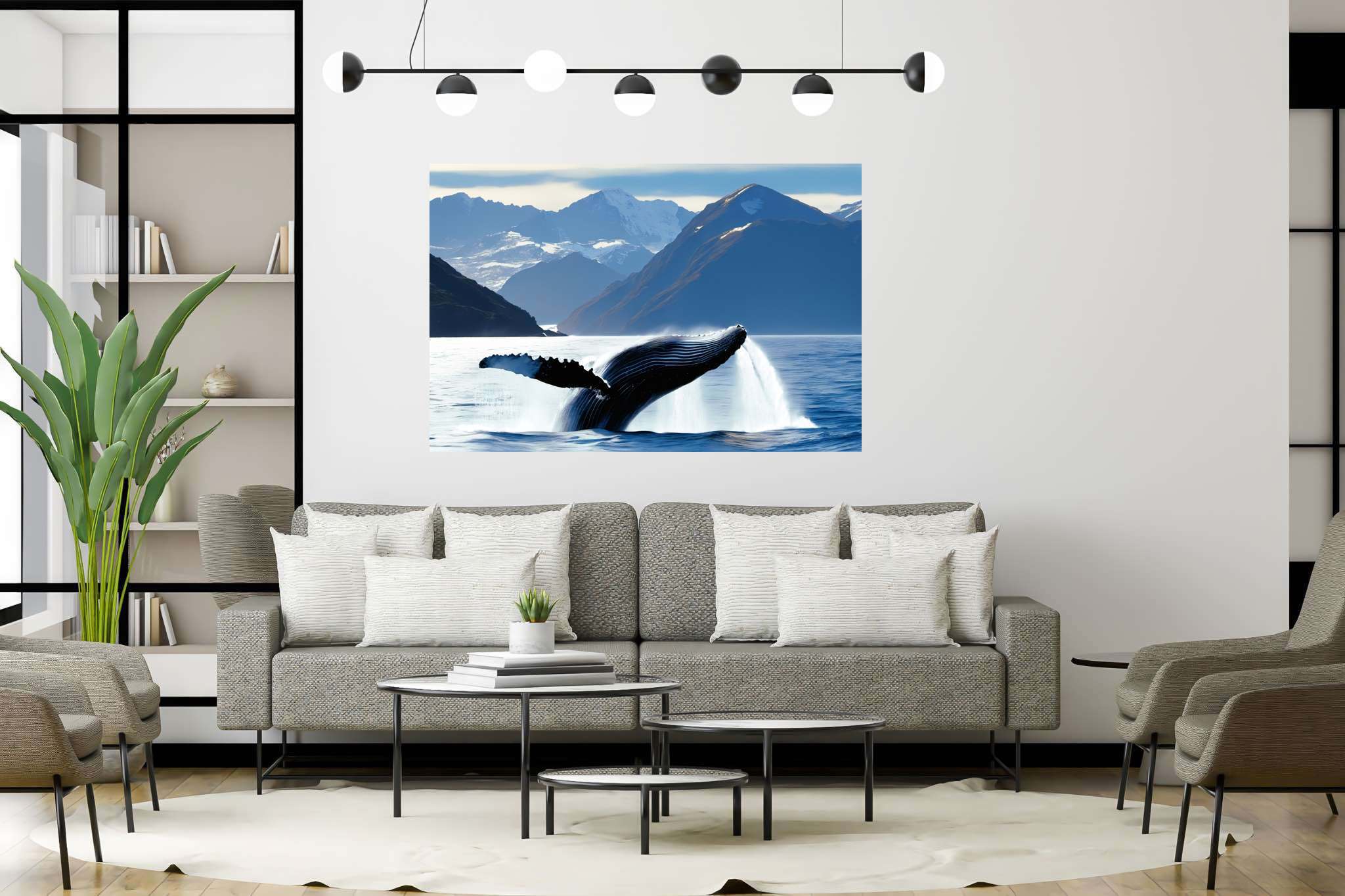 Azure ballet of the depths: Majestic whale art with underwater beauty, in a room with urban design, fine art prints, and trendy home accents. The art can be printed on poster, framed poster, canvas, metal, acrylic or wood, exclusively at WallArtZen. Find this exact print at https://wallartzen.com/waz36