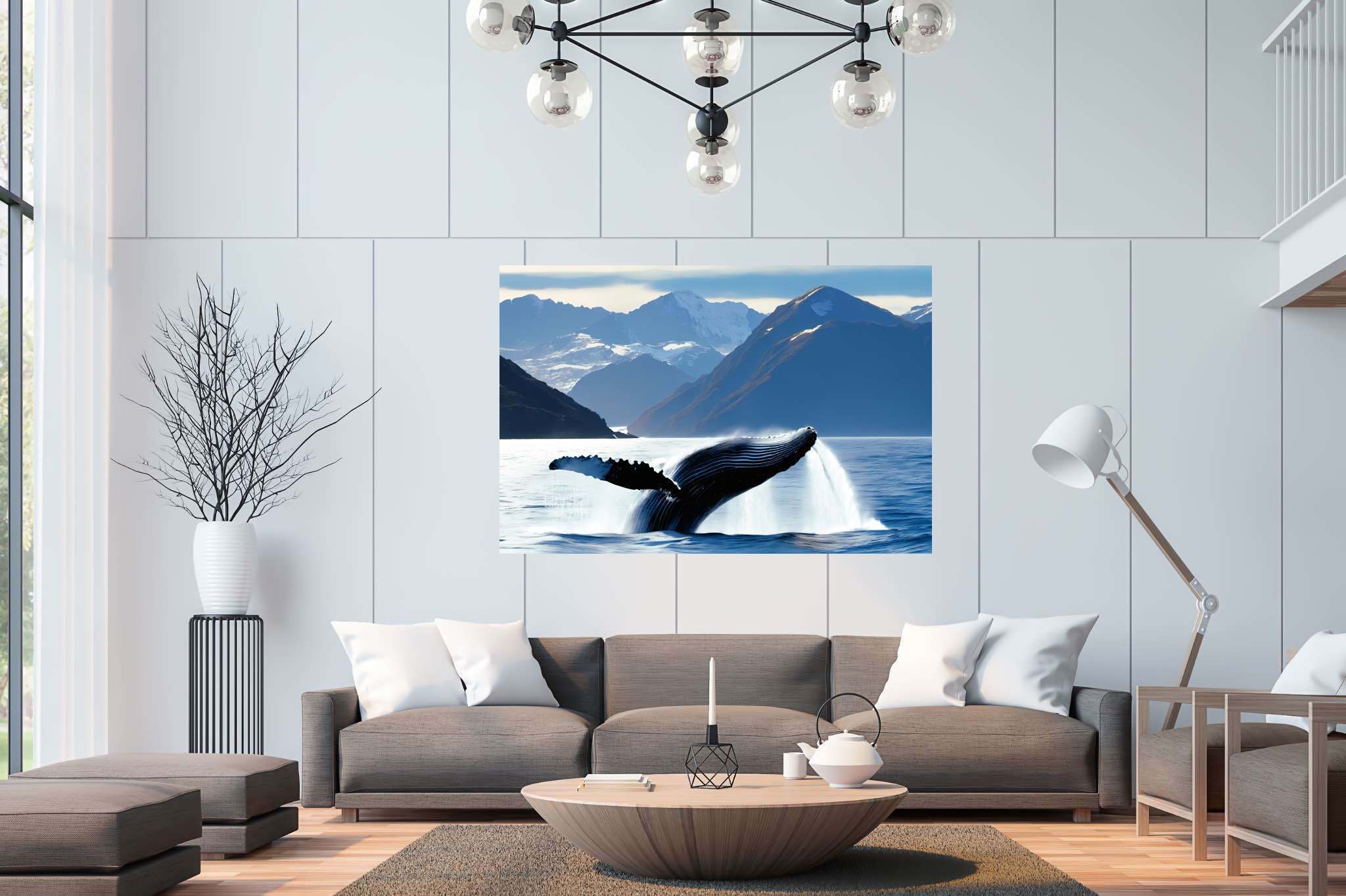 Azure ballet of the depths: Majestic whale art with captivating whale paintings, in a room with classic elegance, fine art prints, and interior decorations. The art can be printed on poster, framed poster, canvas, metal, acrylic or wood, exclusively at WallArtZen. Find this exact print at https://wallartzen.com/waz36