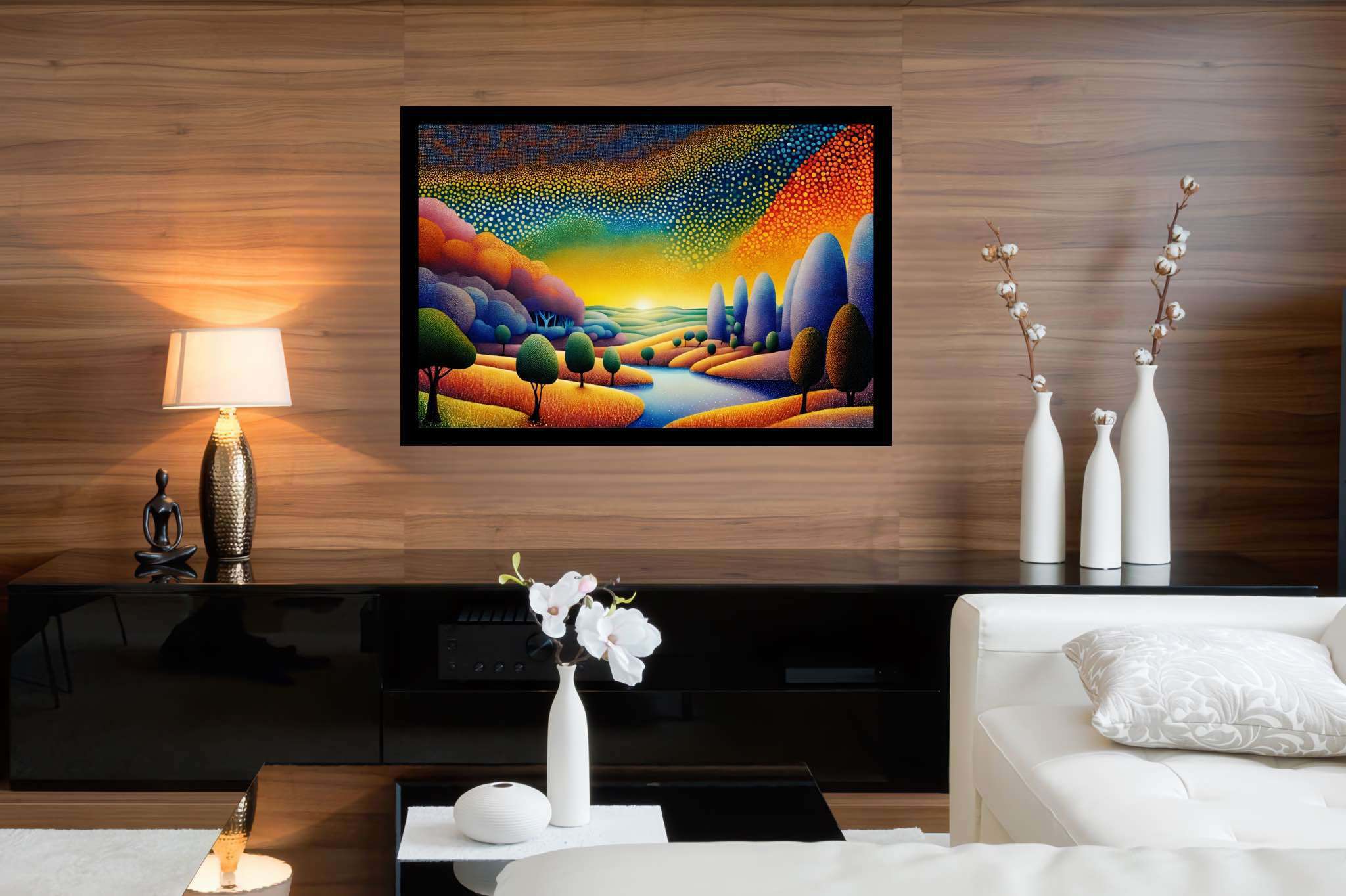 Golden hour repose: Serene landscape art with calm nature prints, in a room with contemporary flair, wall art, and home furnishings. The art can be printed on poster, framed poster, canvas, metal, acrylic or wood, exclusively at WallArtZen. Find this exact print at https://wallartzen.com/waz37