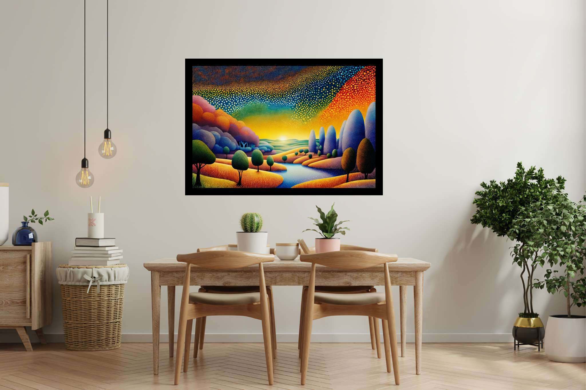 Golden hour repose: Serene landscape art with serene landscape canvas, in a room with contemporary flair, framed art, and trendy home accents. The art can be printed on poster, framed poster, canvas, metal, acrylic or wood, exclusively at WallArtZen. Find this exact print at https://wallartzen.com/waz37