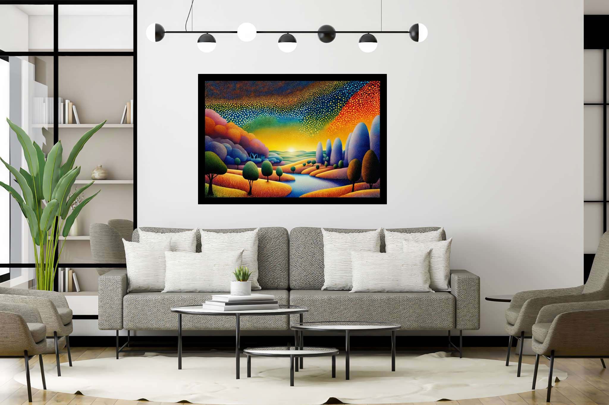 Golden hour repose: Serene landscape art with calming scenery artwork, in a room with elegant layout, abstract paintings, and home styling items. The art can be printed on poster, framed poster, canvas, metal, acrylic or wood, exclusively at WallArtZen. Find this exact print at https://wallartzen.com/waz37