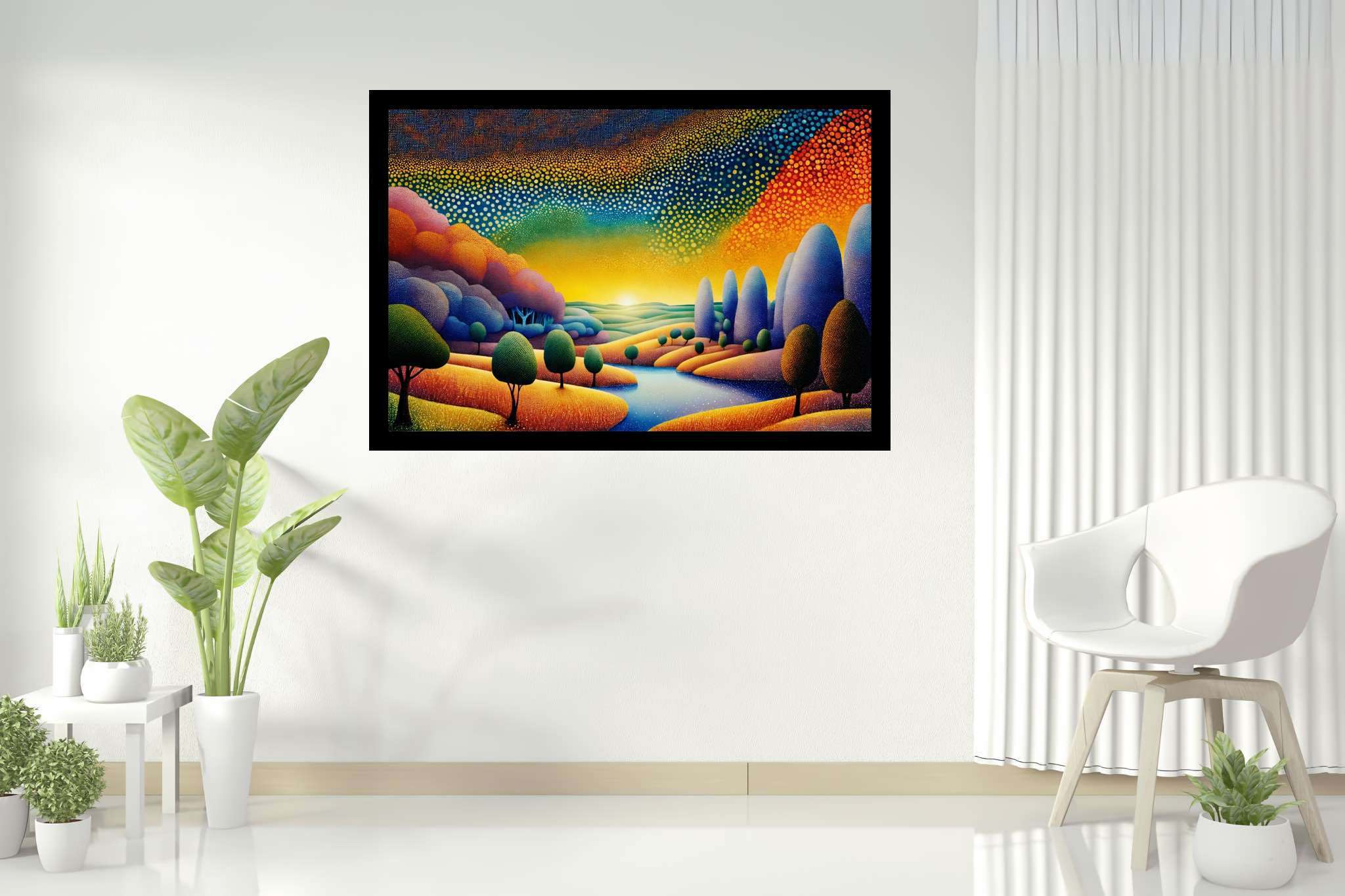 Golden hour repose: Serene landscape art with calming nature illustrations, in a room with minimalist approach, framed art, and home furnishings. The art can be printed on poster, framed poster, canvas, metal, acrylic or wood, exclusively at WallArtZen. Find this exact print at https://wallartzen.com/waz37