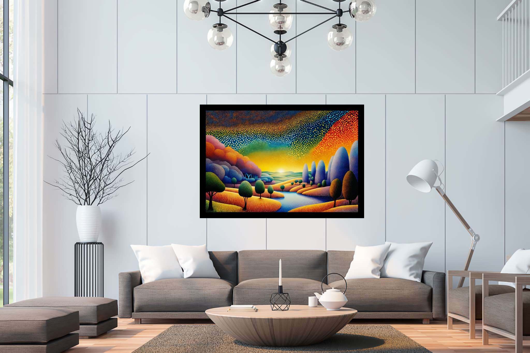 Golden hour repose: Serene landscape art with soothing nature images, in a room with great design, fine art prints, and artisan decor. The art can be printed on poster, framed poster, canvas, metal, acrylic or wood, exclusively at WallArtZen. Find this exact print at https://wallartzen.com/waz37