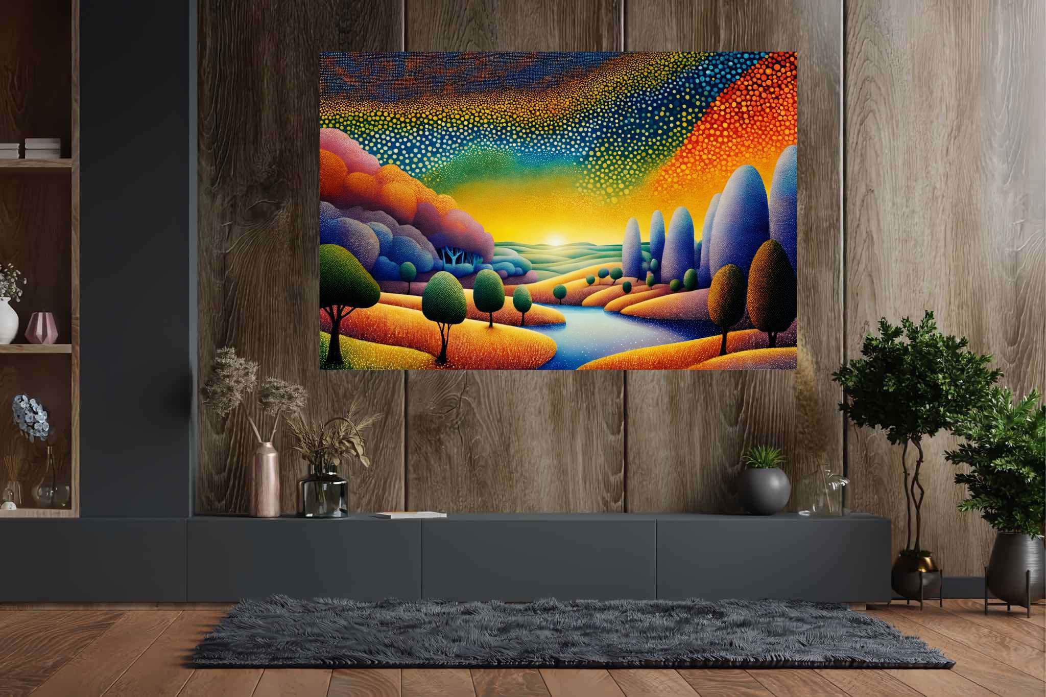 Golden hour repose: Serene landscape art with tranquil scenery artwork, in a room with great design, wall art, and elegant home goods. The art can be printed on poster, framed poster, canvas, metal, acrylic or wood, exclusively at WallArtZen. Find this exact print at https://wallartzen.com/waz37