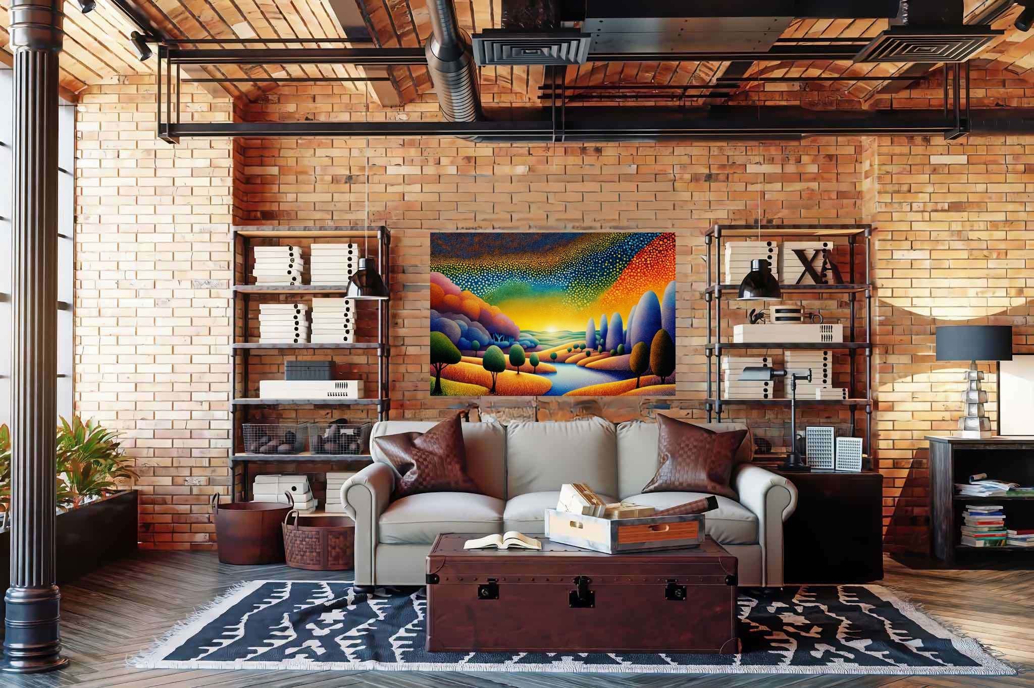 Golden hour repose: Serene landscape art with serene landscape poster, in a room with contemporary flair, wall hangings, and artisan decor. The art can be printed on poster, framed poster, canvas, metal, acrylic or wood, exclusively at WallArtZen. Find this exact print at https://wallartzen.com/waz37