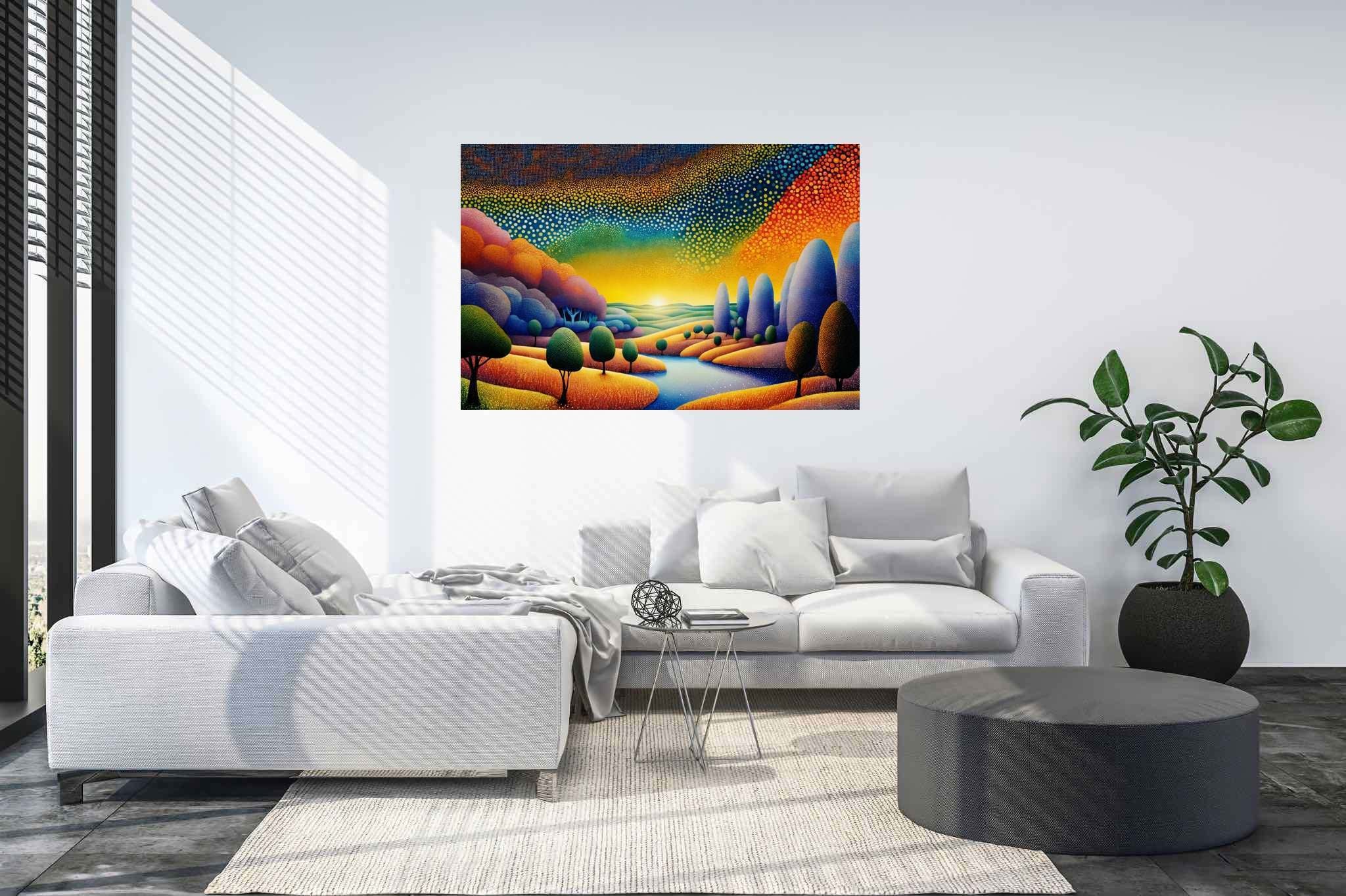 Golden hour repose: Serene landscape art with serene landscape photography, in a room with contemporary flair, canvas prints, and trendy home accents. The art can be printed on poster, framed poster, canvas, metal, acrylic or wood, exclusively at WallArtZen. Find this exact print at https://wallartzen.com/waz37