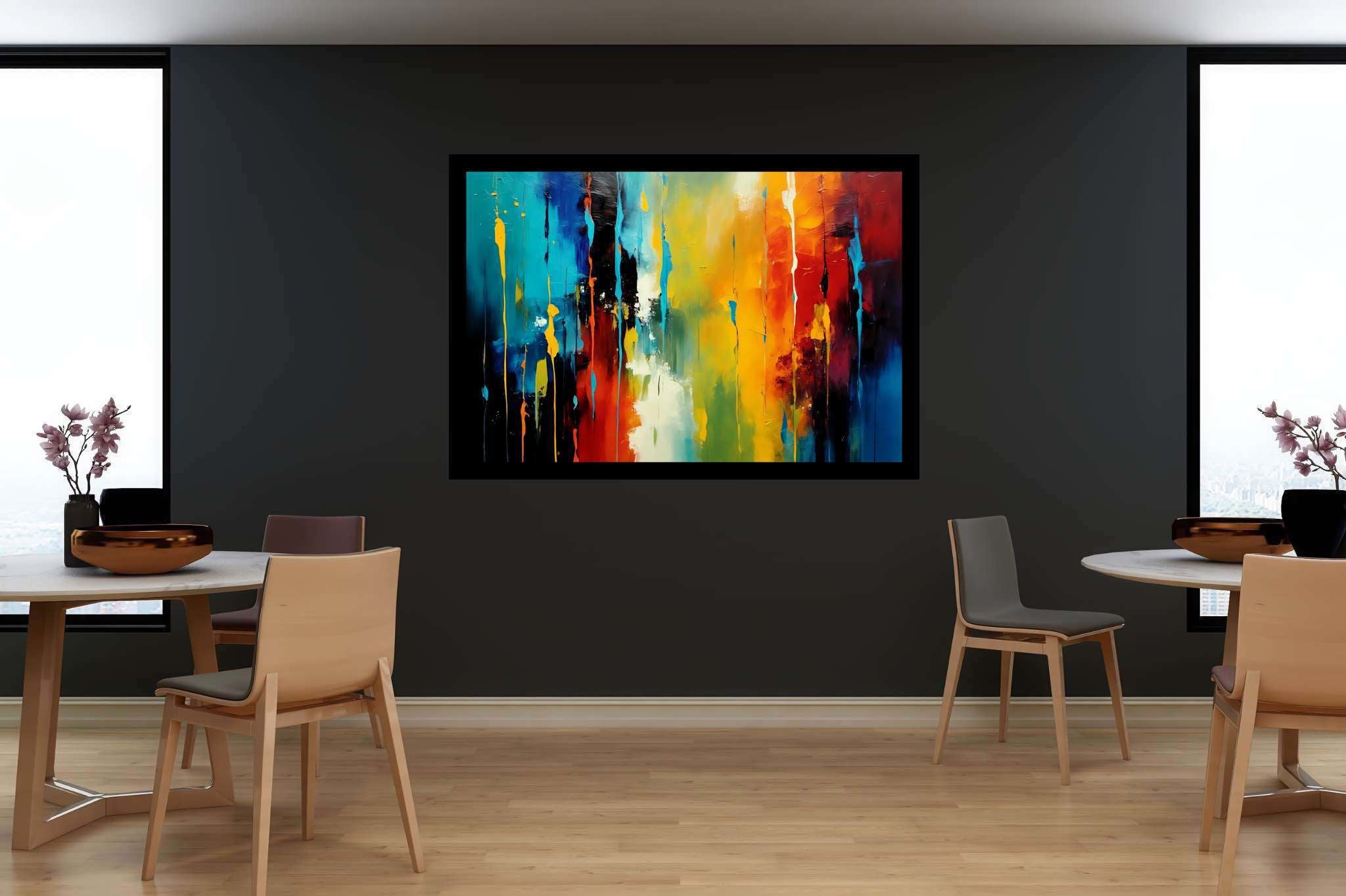 Chroma rhythms dance: Vibrant stripes art with vibrant textile artwork, in a room with artistic style, bespoke art designs, and trendy home accents. The art can be printed on poster, framed poster, canvas, metal, acrylic or wood, exclusively at WallArtZen. Find this exact print at https://wallartzen.com/waz38