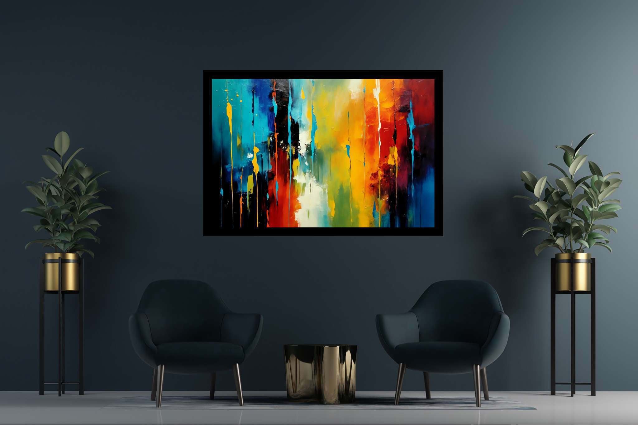 Chroma rhythms dance: Vibrant stripes art with dynamic geometric artwork, in a room with artistic style, digital art pieces, and designer furniture. The art can be printed on poster, framed poster, canvas, metal, acrylic or wood, exclusively at WallArtZen. Find this exact print at https://wallartzen.com/waz38
