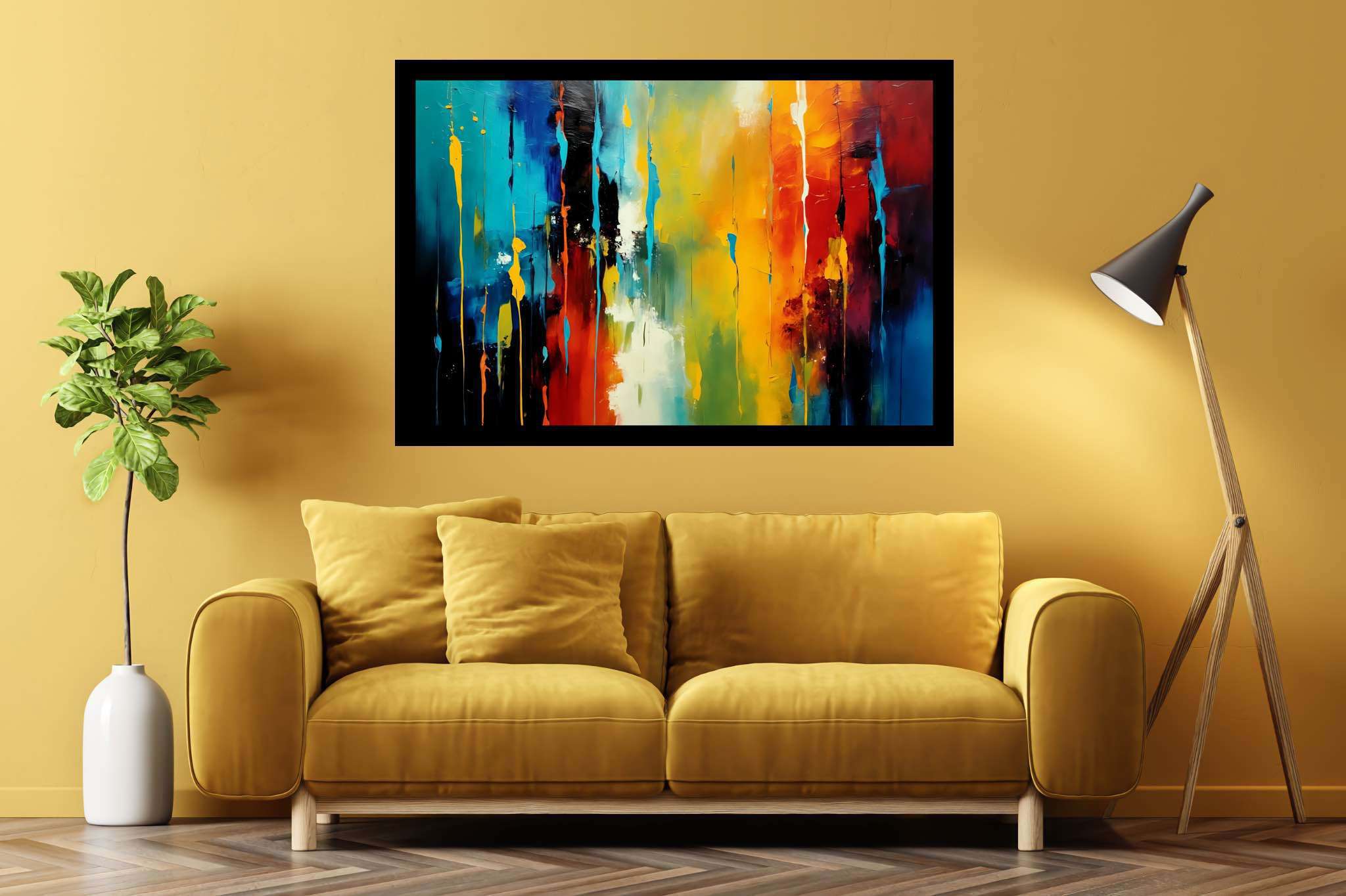 Chroma rhythms dance: Vibrant stripes art with vibrant stripes art, in a room with great design, bespoke art designs, and elegant home goods. The art can be printed on poster, framed poster, canvas, metal, acrylic or wood, exclusively at WallArtZen. Find this exact print at https://wallartzen.com/waz38