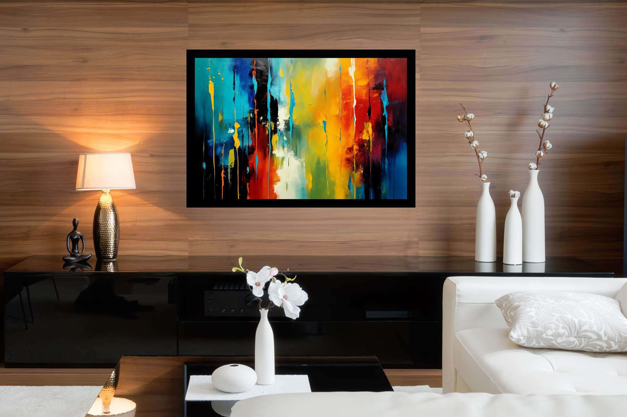 Chroma rhythms dance: Vibrant stripes art with vibrant stripes art, in a room with minimalist approach, bespoke art designs, and designer furniture. The art can be printed on poster, framed poster, canvas, metal, acrylic or wood, exclusively at WallArtZen. Find this exact print at https://wallartzen.com/waz38
