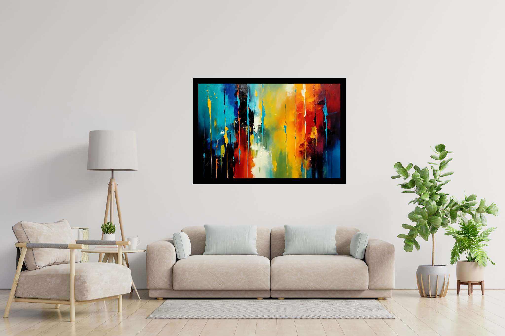 Chroma rhythms dance: Vibrant stripes art with energetic artistry, in a room with artistic style, digital art pieces, and trendy home accents. The art can be printed on poster, framed poster, canvas, metal, acrylic or wood, exclusively at WallArtZen. Find this exact print at https://wallartzen.com/waz38