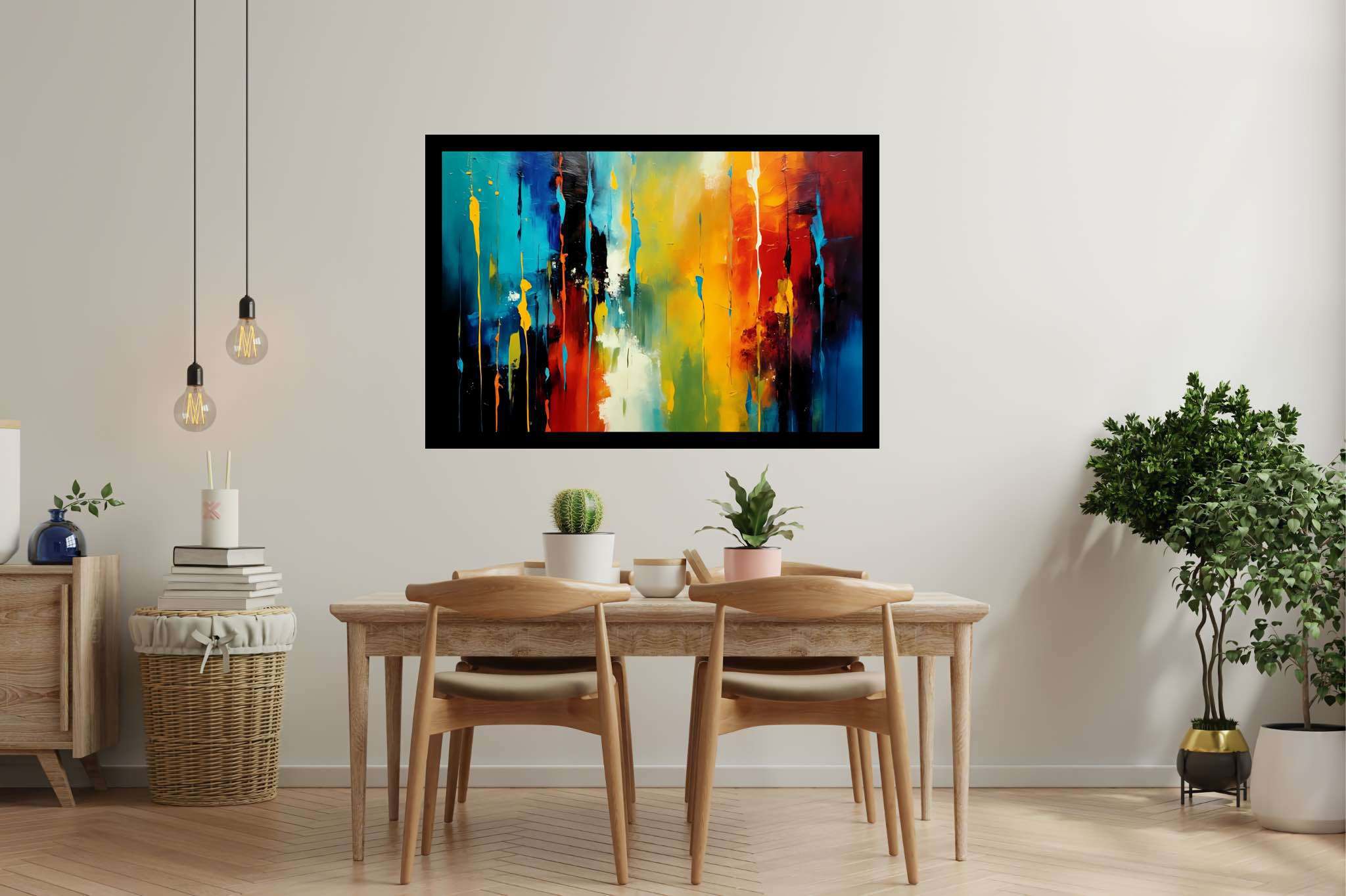 Chroma rhythms dance: Vibrant stripes art with energetic artistry, in a room with minimalist approach, framed art, and decorative pieces. The art can be printed on poster, framed poster, canvas, metal, acrylic or wood, exclusively at WallArtZen. Find this exact print at https://wallartzen.com/waz38