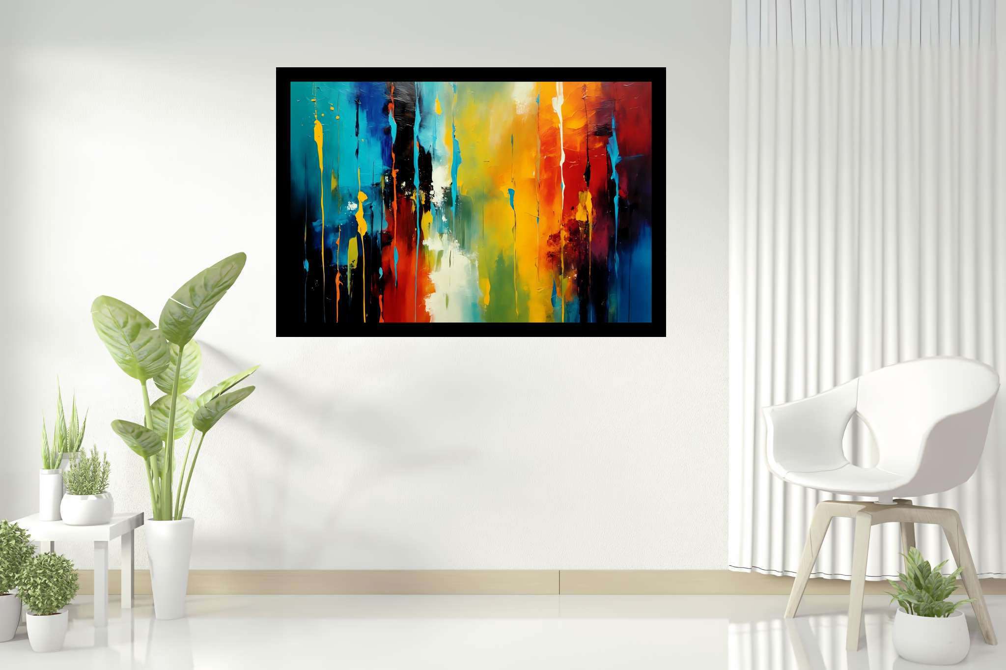 Chroma rhythms dance: Vibrant stripes art with energetic visual patterns, in a room with modern style, wall hangings, and stylish accessories. The art can be printed on poster, framed poster, canvas, metal, acrylic or wood, exclusively at WallArtZen. Find this exact print at https://wallartzen.com/waz38