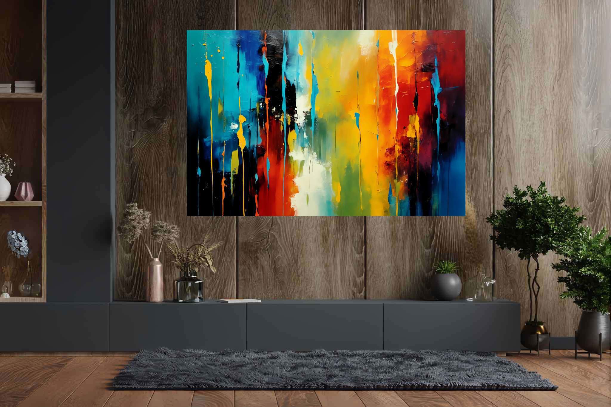 Chroma rhythms dance: Vibrant stripes art with vibrant stripes art, in a room with innovative layout, wall hangings, and home styling items. The art can be printed on poster, framed poster, canvas, metal, acrylic or wood, exclusively at WallArtZen. Find this exact print at https://wallartzen.com/waz38