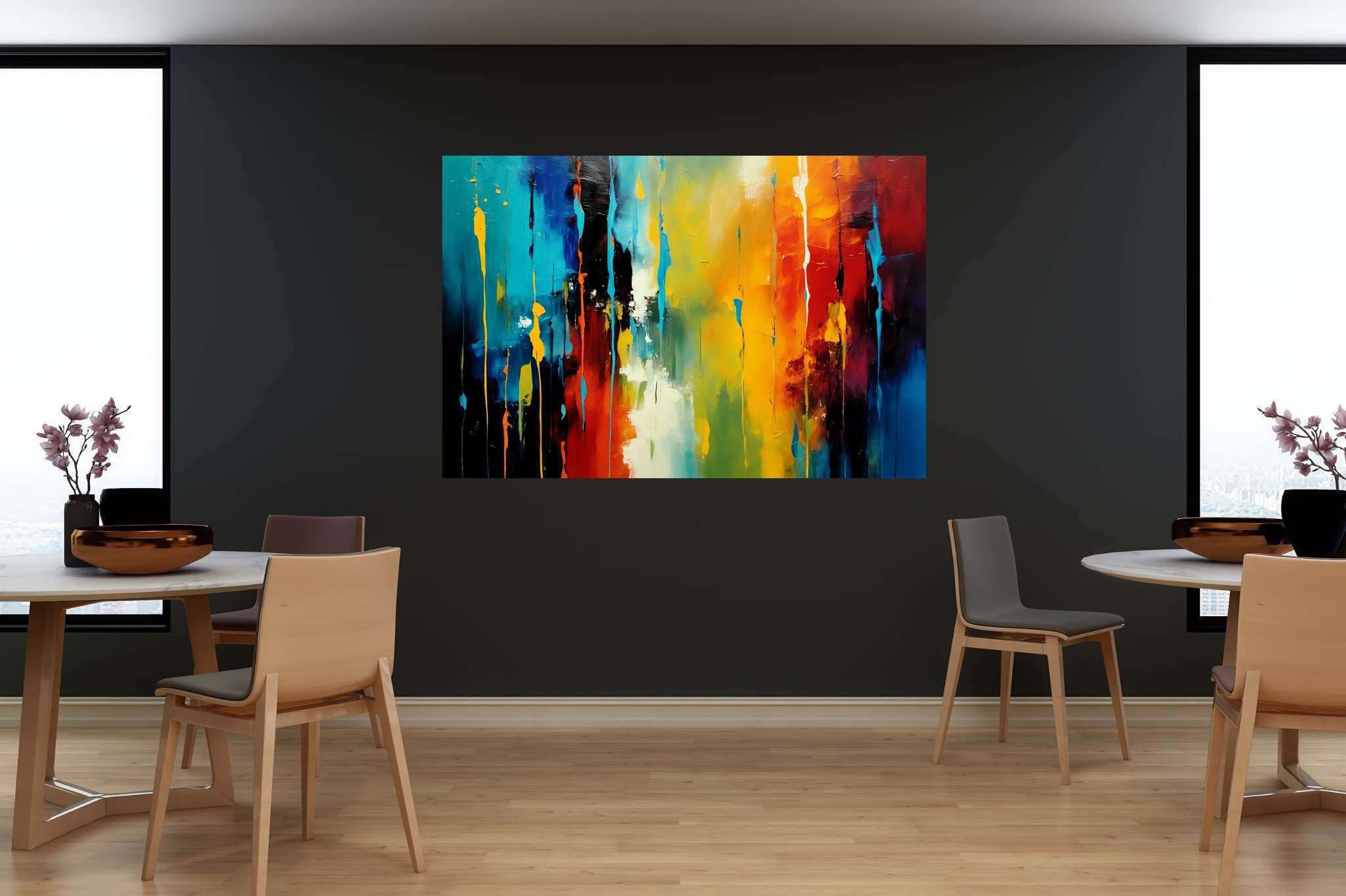Chroma rhythms dance: Vibrant stripes art with vivid color palette, in a room with classic elegance, abstract paintings, and home furnishings. The art can be printed on poster, framed poster, canvas, metal, acrylic or wood, exclusively at WallArtZen. Find this exact print at https://wallartzen.com/waz38
