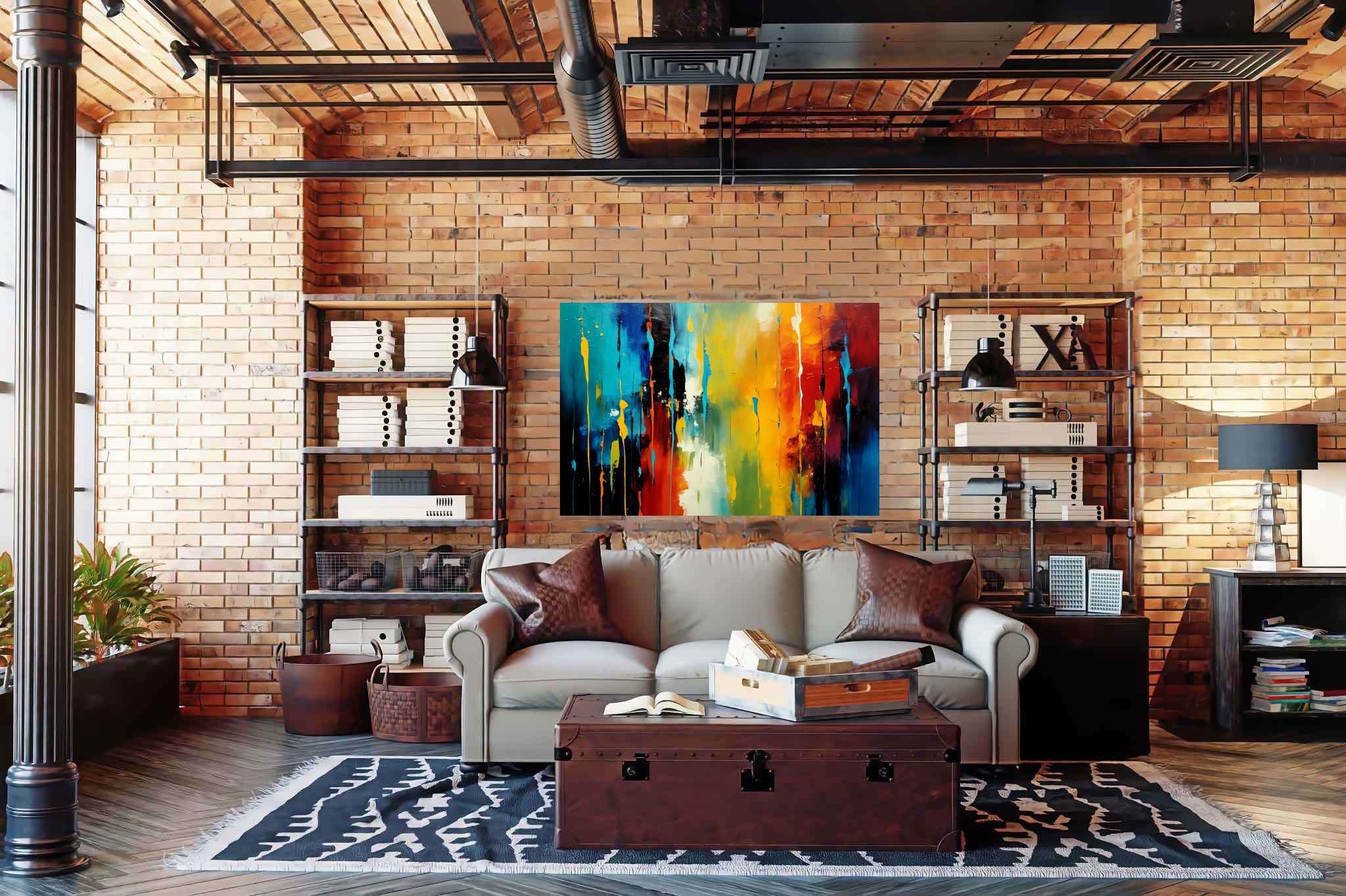 Chroma rhythms dance: Vibrant stripes art with vivid color palette, in a room with artistic style, wall art, and trendy home accents. The art can be printed on poster, framed poster, canvas, metal, acrylic or wood, exclusively at WallArtZen. Find this exact print at https://wallartzen.com/waz38