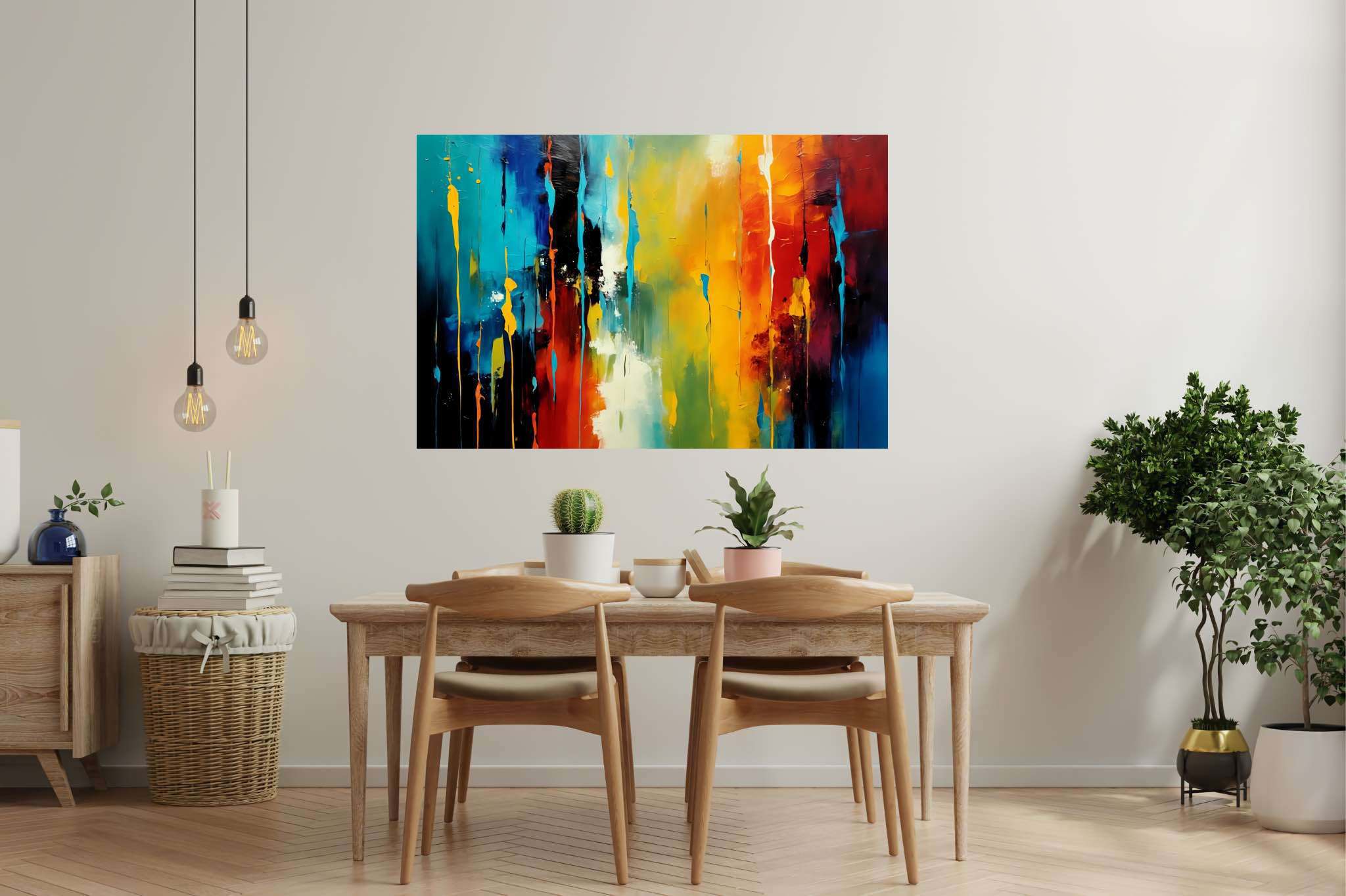 Chroma rhythms dance: Vibrant stripes art with lively contemporary paintings, in a room with innovative layout, canvas prints, and trendy home accents. The art can be printed on poster, framed poster, canvas, metal, acrylic or wood, exclusively at WallArtZen. Find this exact print at https://wallartzen.com/waz38