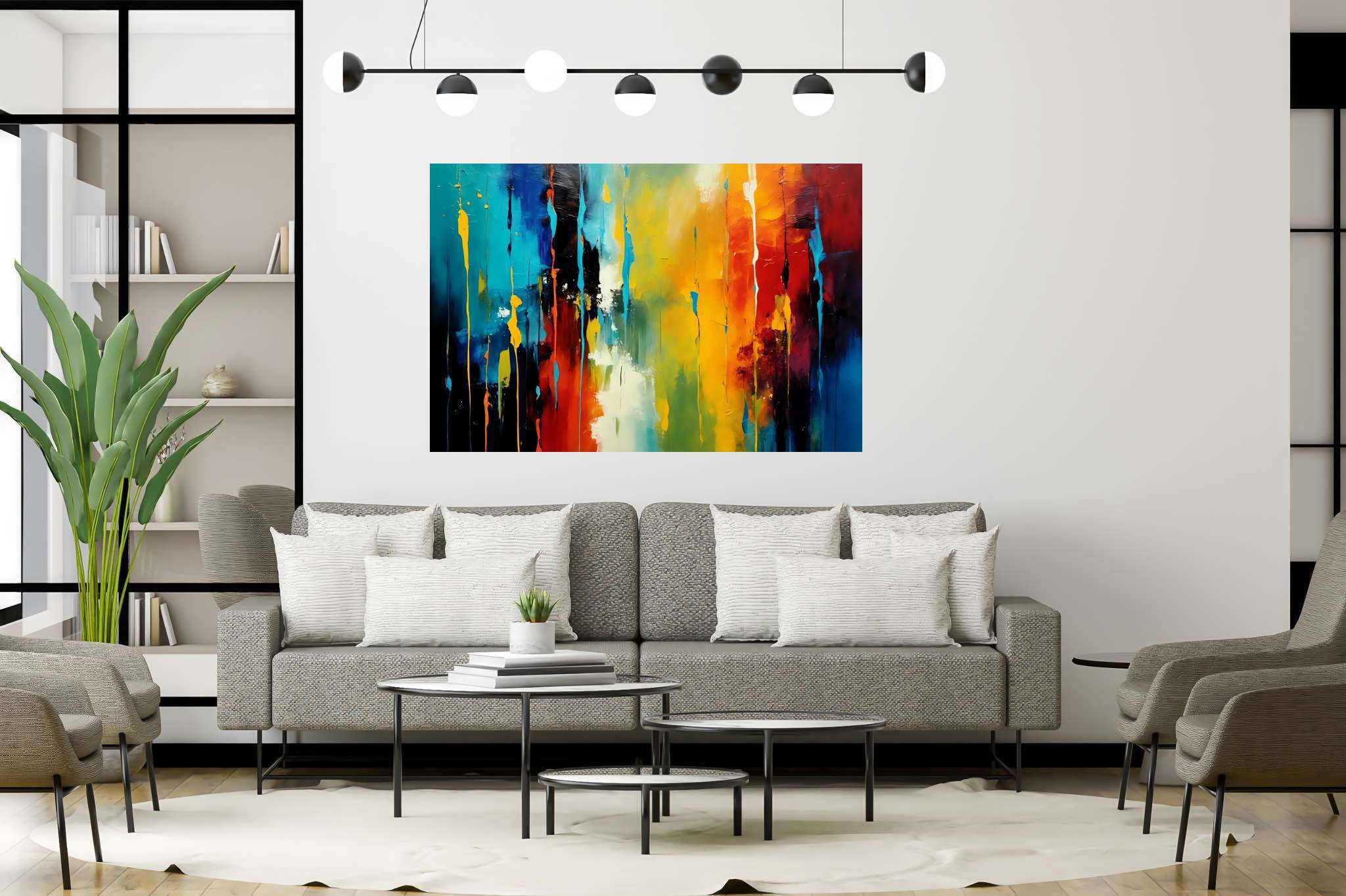 Chroma rhythms dance: Vibrant stripes art with energetic artistry, in a room with artistic style, wall hangings, and stylish accessories. The art can be printed on poster, framed poster, canvas, metal, acrylic or wood, exclusively at WallArtZen. Find this exact print at https://wallartzen.com/waz38