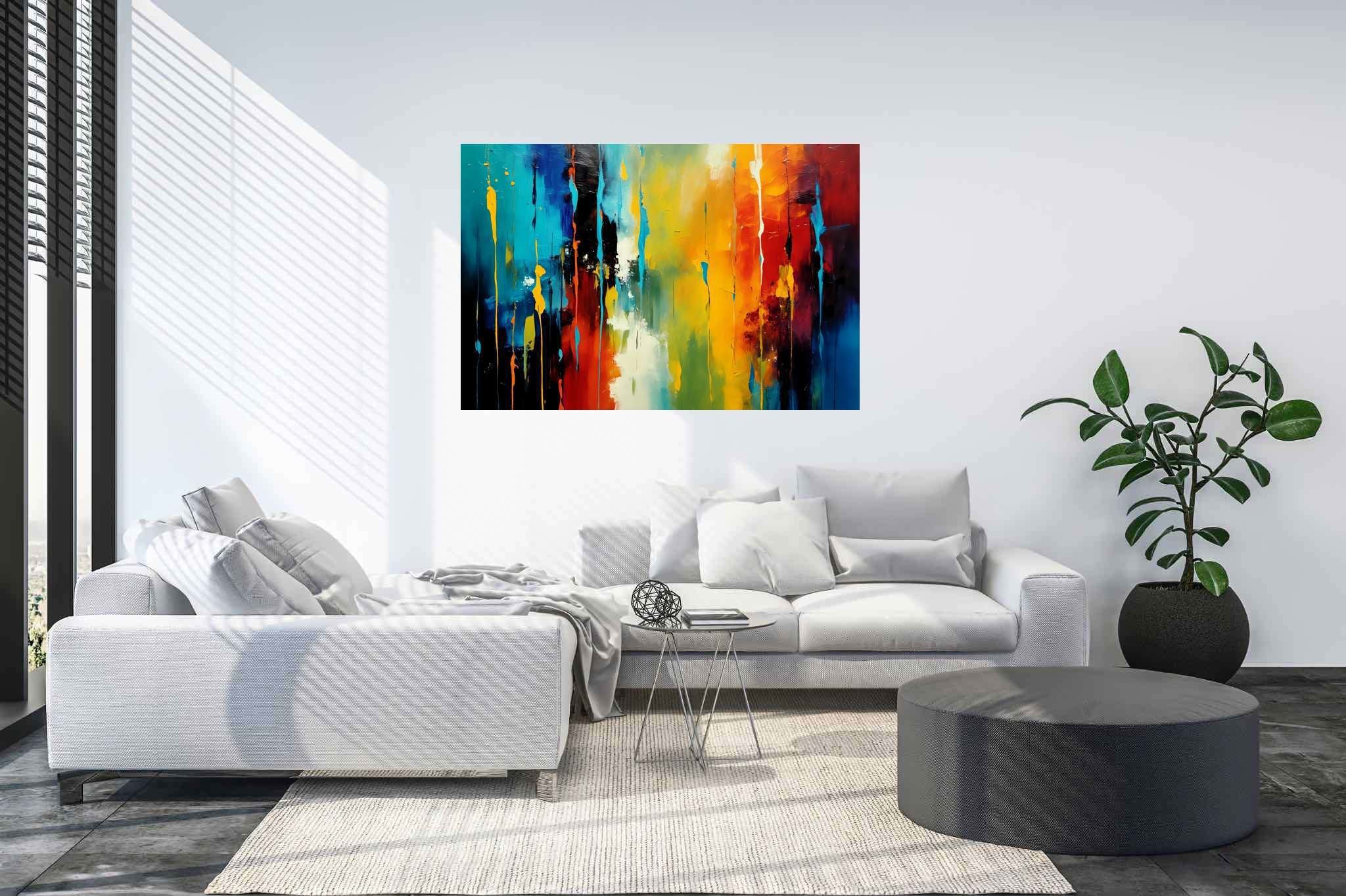 Chroma rhythms dance: Vibrant stripes art with vibrant digital illustrations, in a room with urban design, abstract paintings, and elegant home goods. The art can be printed on poster, framed poster, canvas, metal, acrylic or wood, exclusively at WallArtZen. Find this exact print at https://wallartzen.com/waz38
